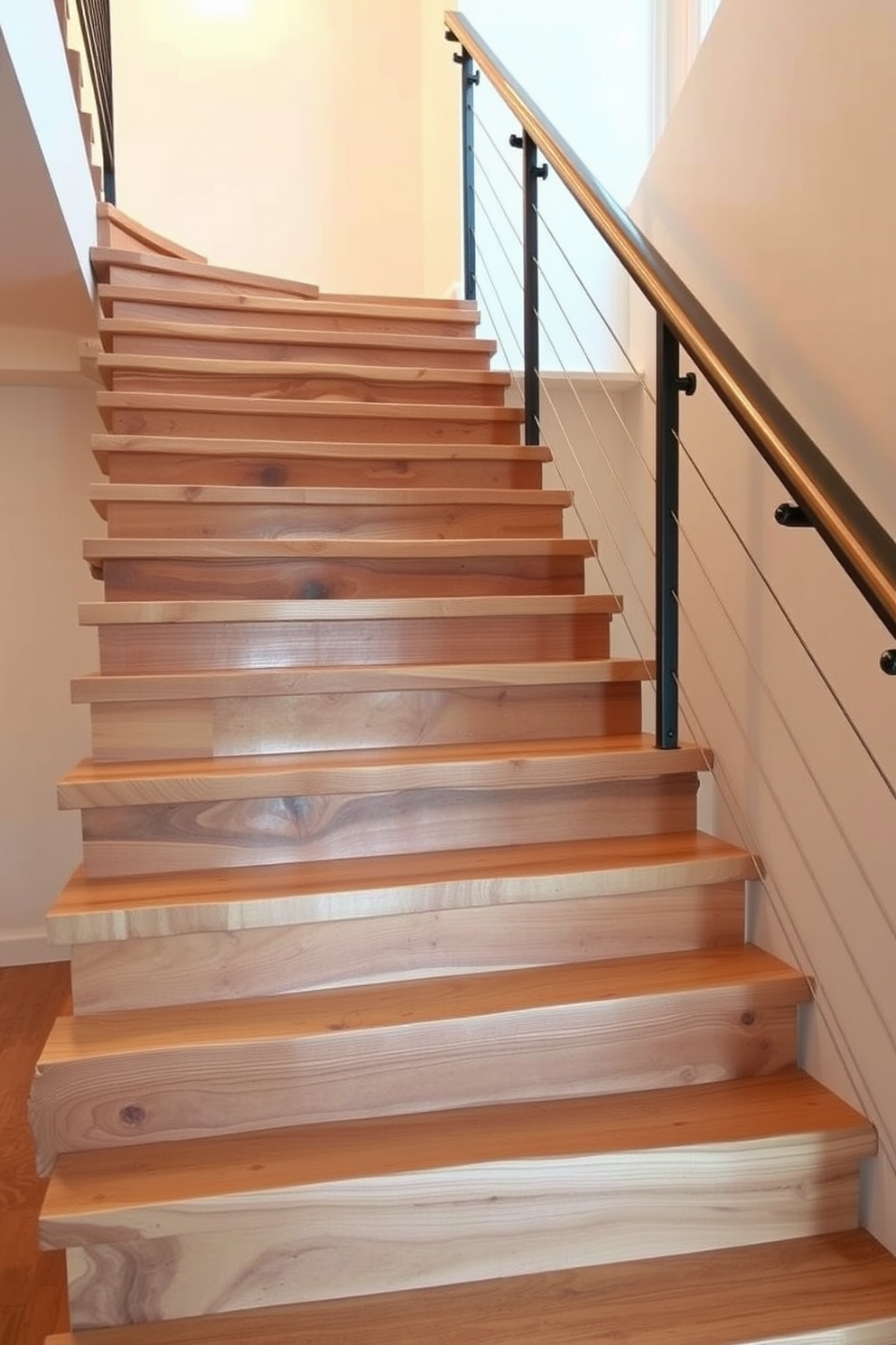 A natural wood staircase with a live edge design showcases the beauty of organic materials. The treads are crafted from thick slabs of wood, highlighting the unique grain patterns and textures. The staircase features a sleek metal railing that complements the rustic charm of the wood. Soft, ambient lighting illuminates the staircase, creating a warm and inviting atmosphere.