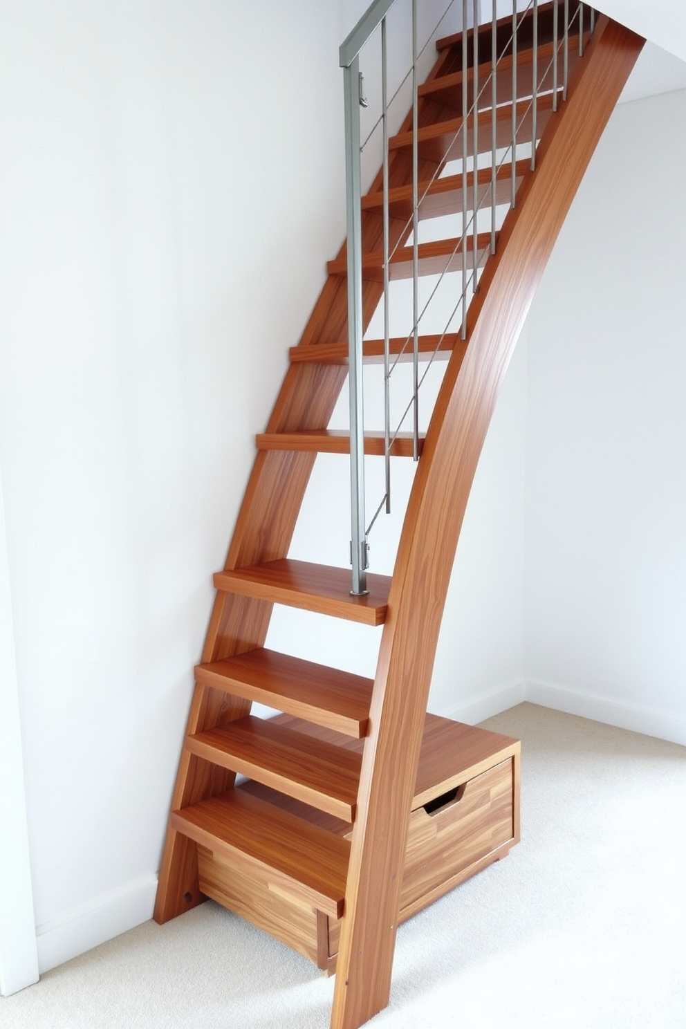 A stylish ladder-style wooden staircase designed for small spaces. The steps are crafted from rich oak with a natural finish, featuring sleek metal railings that enhance its modern appeal. The staircase is positioned against a wall painted in soft white, creating a bright and airy feel. Below the stairs, a compact storage unit is integrated, maximizing functionality while maintaining a clean aesthetic.