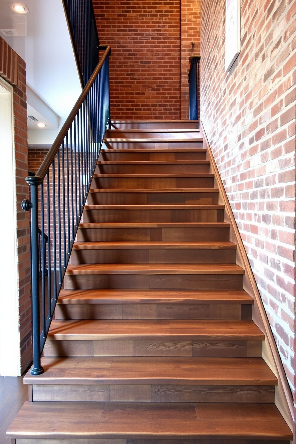 A rustic reclaimed wood staircase features wide, weathered steps that showcase the natural grain and imperfections of the wood. The staircase is framed by wrought iron railings, adding a touch of elegance while maintaining a rugged charm. Surrounding the staircase, the walls are adorned with exposed brick, enhancing the warm and inviting atmosphere. Soft, ambient lighting highlights the texture of the wood and creates a cozy focal point in the entryway.