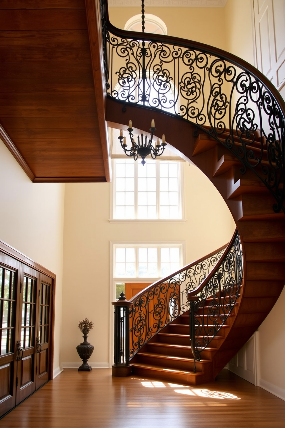 An elegant wooden staircase with intricate wrought iron railings spirals gracefully upwards. The warm tones of the polished wood contrast beautifully with the dark, ornate iron, creating a stunning focal point in the entryway. Natural light floods the space through large windows, highlighting the craftsmanship of the staircase. The surrounding walls are painted in a soft cream hue, enhancing the overall brightness and elegance of the design.