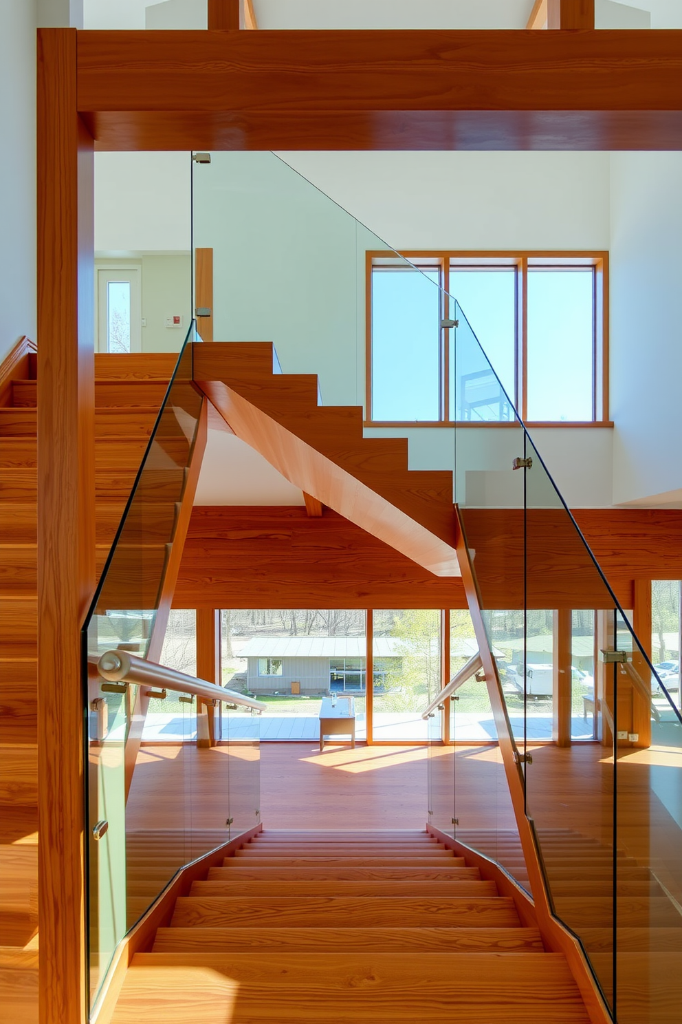 A stunning staircase design featuring a combination of wood and glass elements. The wooden steps are elegantly crafted, leading to a spacious landing with a sleek glass railing that provides an unobstructed view of the surrounding area. The warm tones of the wood contrast beautifully with the transparency of the glass, creating a modern yet inviting atmosphere. Natural light floods the space, highlighting the intricate grain of the wood and enhancing the overall aesthetic of the interior.