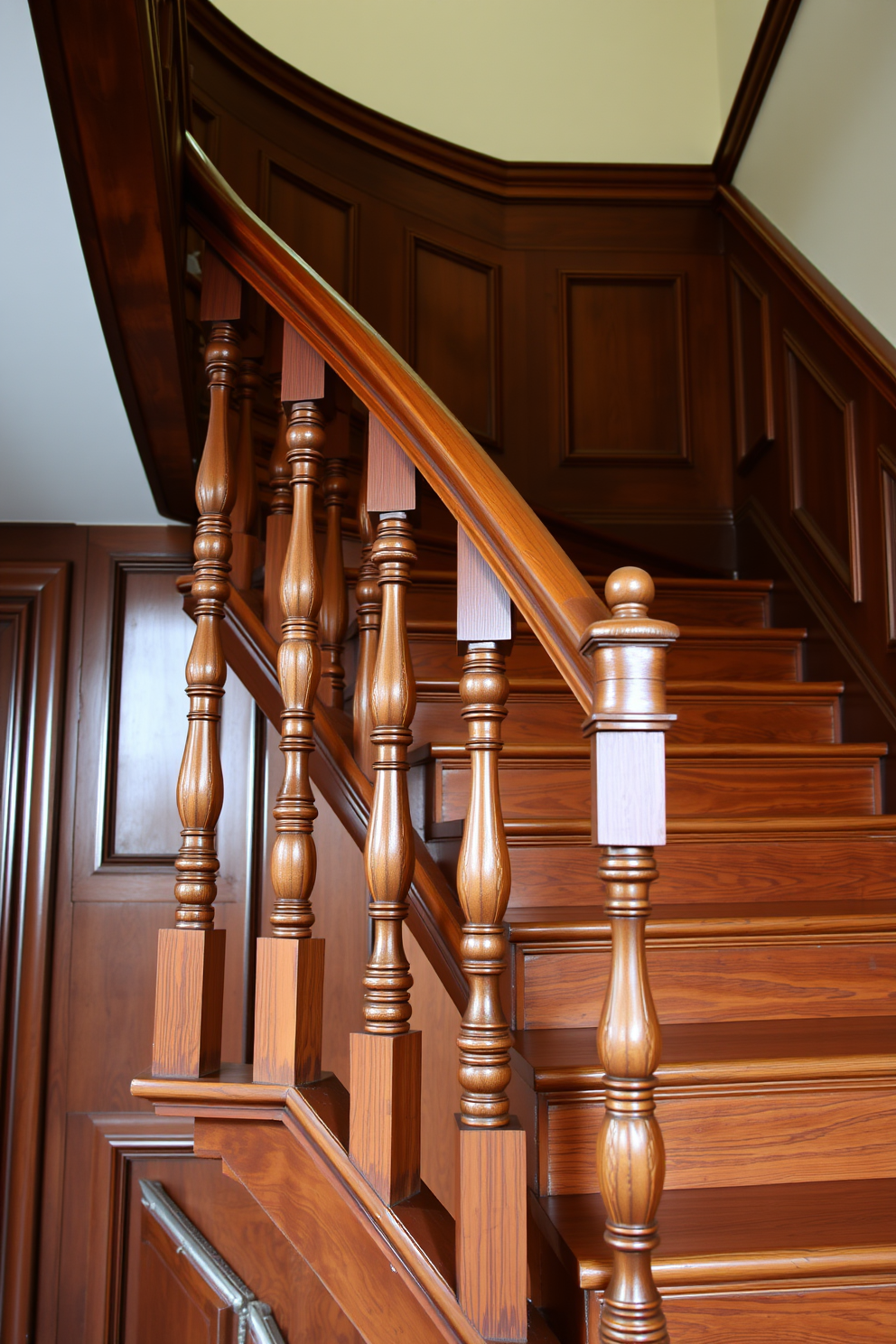 A vintage wooden staircase with ornate balusters elegantly winds upward, showcasing intricate craftsmanship and rich wood tones. The balusters are adorned with detailed carvings, adding a touch of classic charm to the overall design.