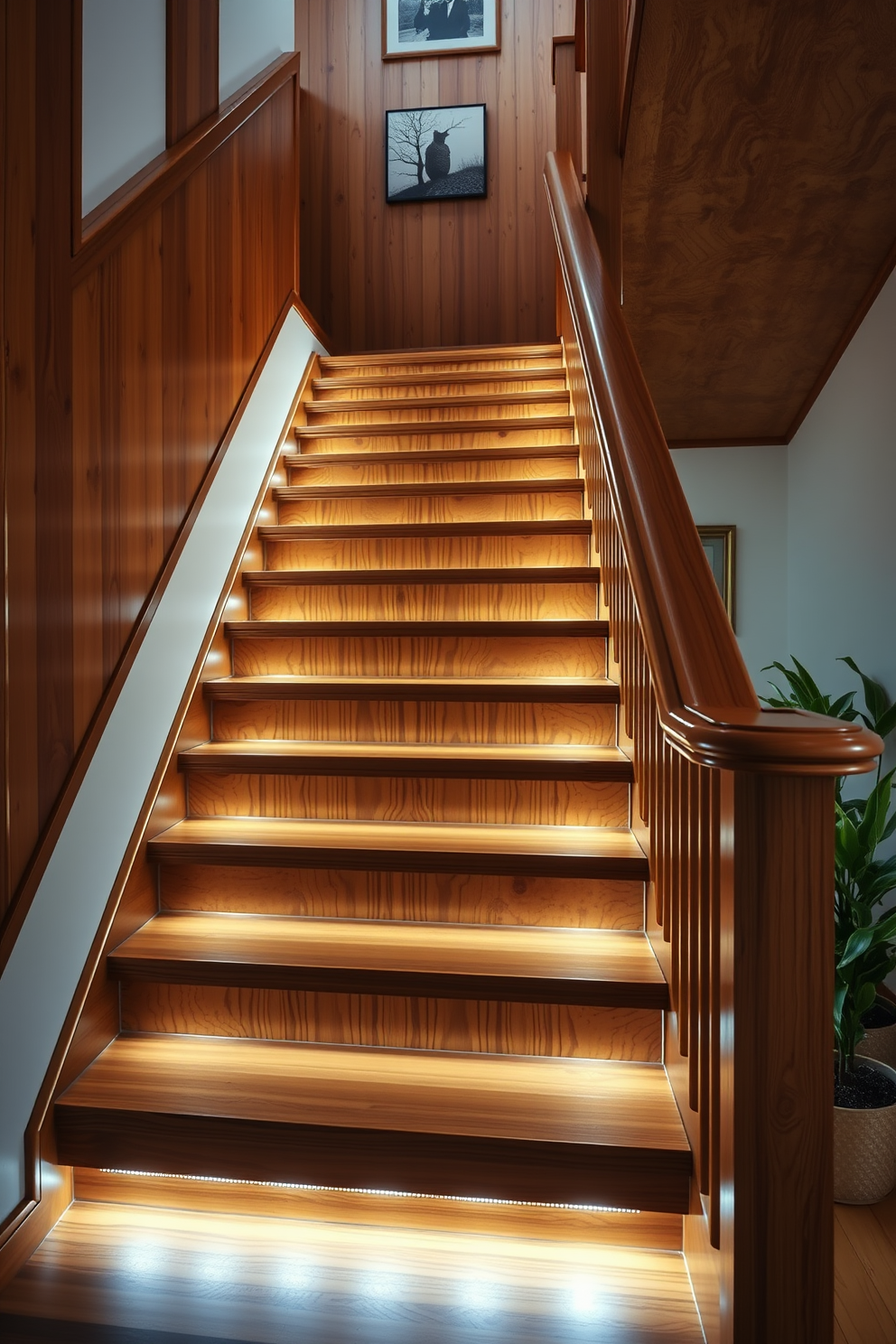 A stunning wooden staircase with underlit steps creates a warm and inviting atmosphere. The rich wood grain contrasts beautifully with the soft glow of the lighting, enhancing the architectural details of the staircase. The handrail features elegant curves that complement the overall design. Surrounding the staircase, a minimalist decor with potted plants adds a touch of nature to the space.