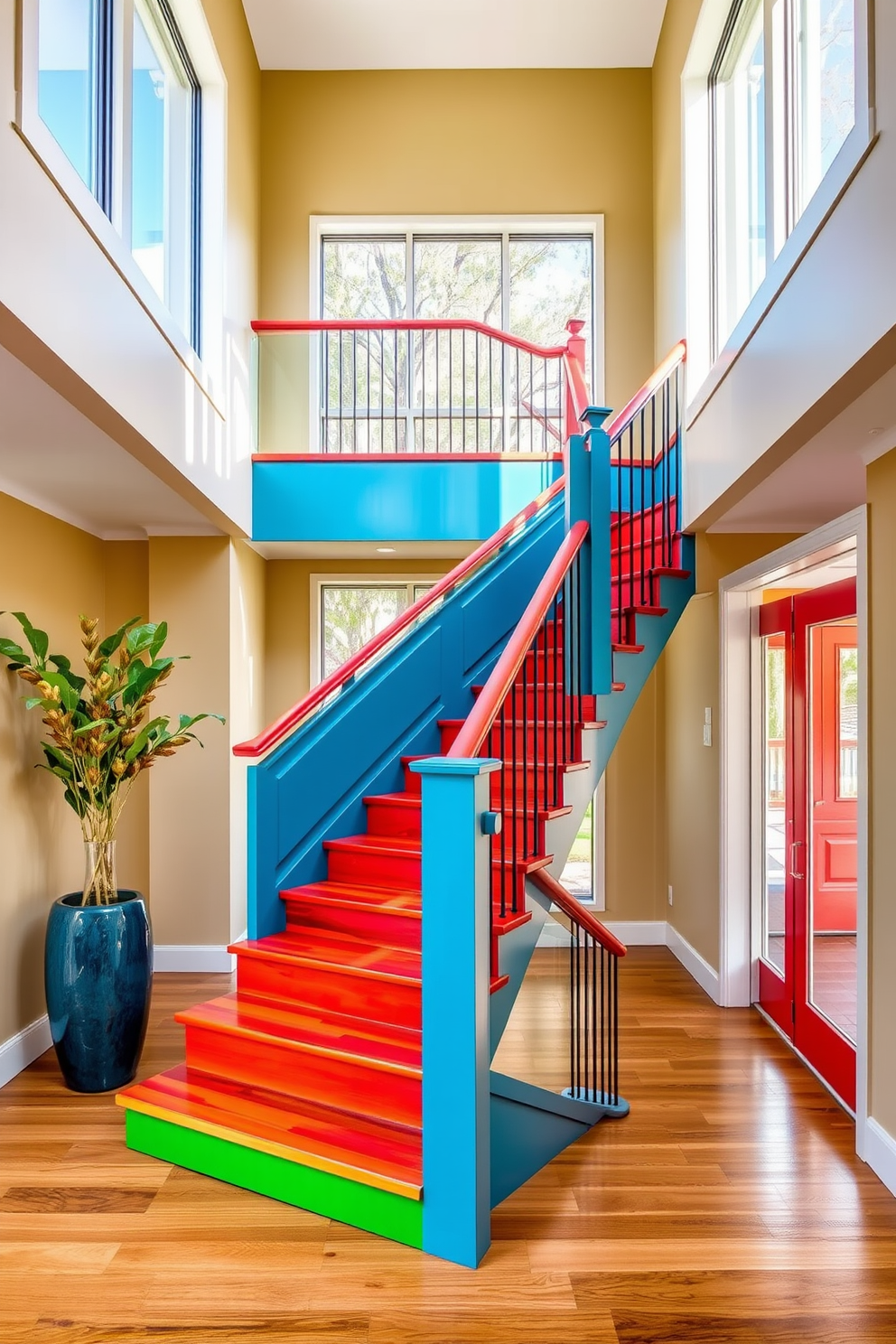 A bold colored wood staircase serves as a stunning focal point in the entryway. The vibrant hues of the staircase contrast beautifully with the neutral walls, creating an inviting atmosphere. The staircase features a modern design with sleek lines and a polished finish. Surrounding the staircase, natural light floods in through large windows, enhancing the rich colors of the wood.