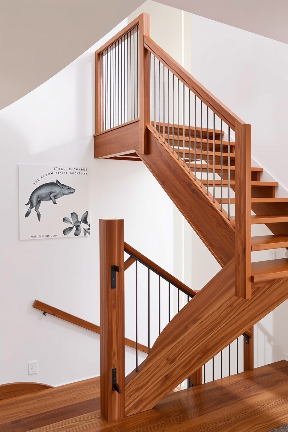 A striking timber staircase featuring an open side design leads to the upper level of the home. The warm tones of the wood contrast beautifully with the sleek, minimalist railing that enhances the staircase's modern aesthetic.