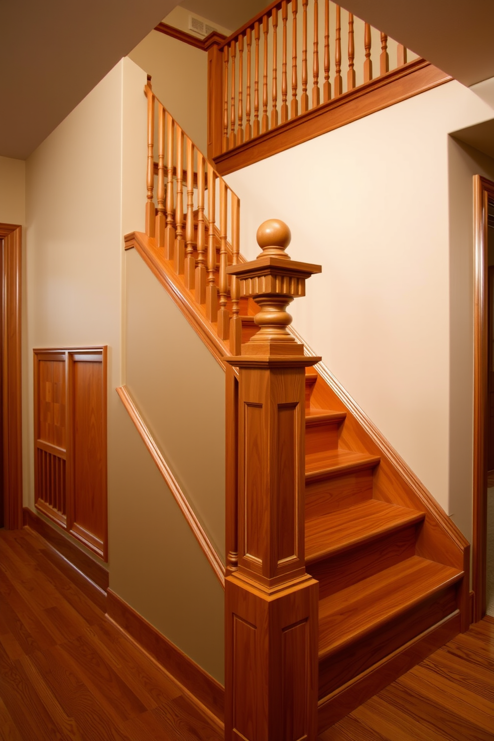 A stunning wooden staircase features a beautifully crafted decorative newel post at the base. The rich, warm tones of the wood contrast elegantly with the soft, neutral walls surrounding the staircase. The steps are wide and inviting, showcasing intricate detailing along the edges. Ambient lighting highlights the natural grain of the wood, creating a welcoming atmosphere in the entryway.