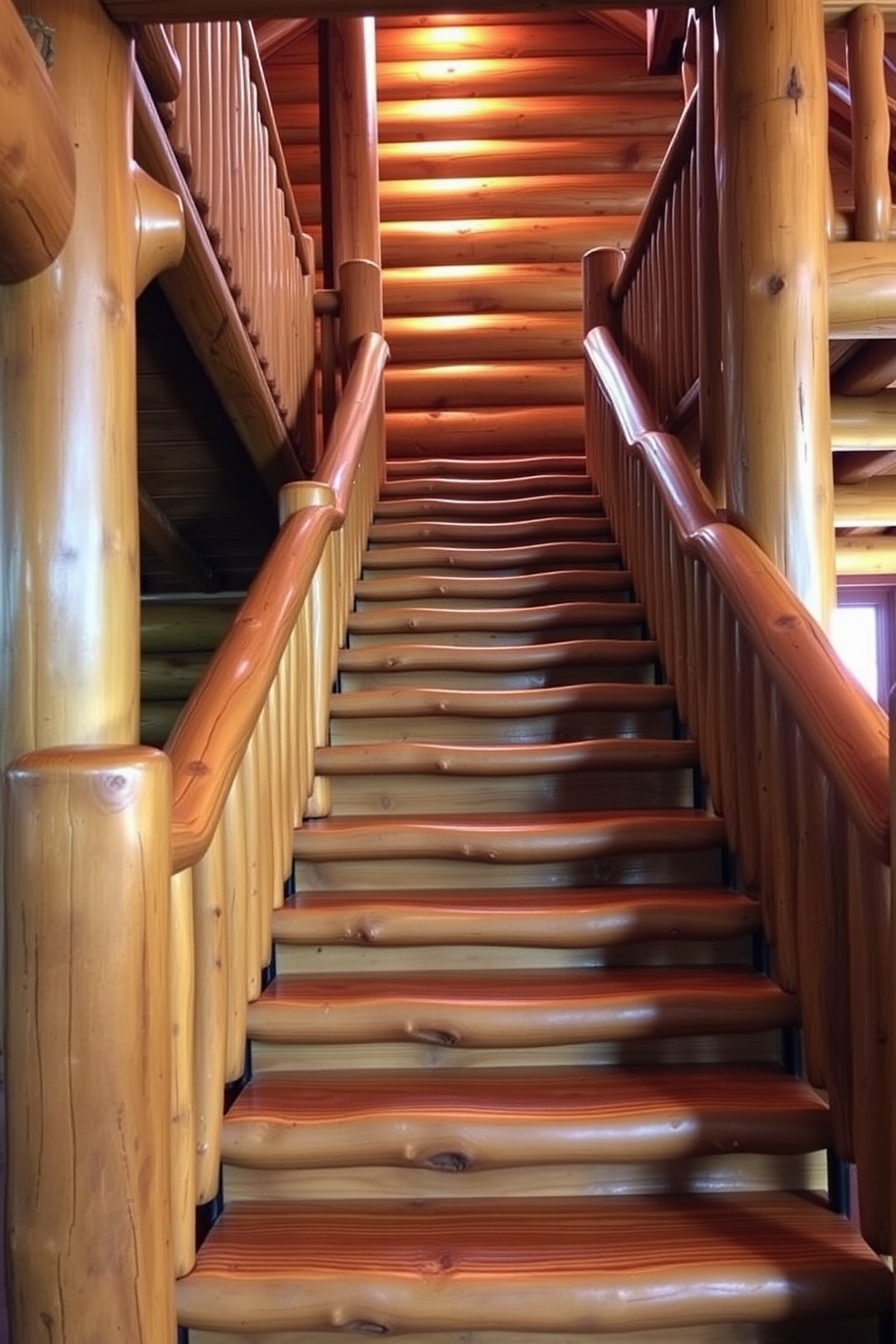 A rustic log staircase with thick wooden beams and natural finishes creates a warm cabin atmosphere. The steps are crafted from polished logs, showcasing the unique grain and texture of the wood. Surrounding the staircase, there are wooden railings that complement the rustic design. Soft lighting illuminates the staircase, enhancing its natural beauty and inviting charm.