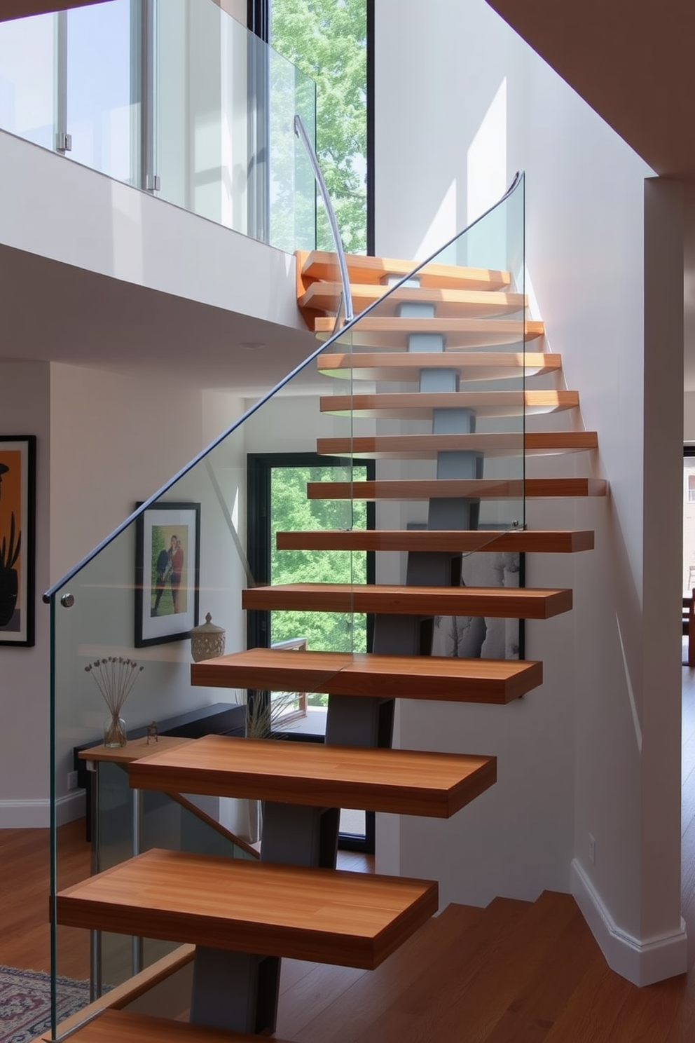 A modern staircase with a cantilevered design features sleek wooden steps that appear to float elegantly in the air. The staircase is complemented by a minimalist glass railing that enhances the open feel of the space. The warm tones of the wood create a welcoming atmosphere while the clean lines add a contemporary touch. Natural light floods the area, highlighting the beauty of the craftsmanship and the surrounding decor.