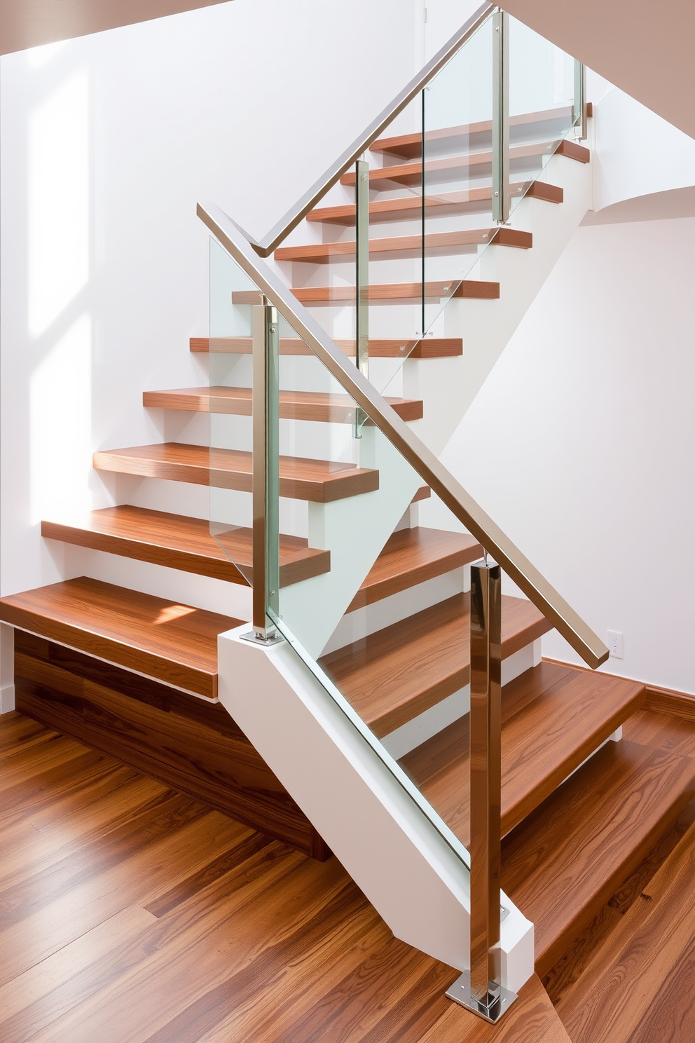 A sleek modern staircase features a minimalist design with clean lines and metal accents that enhance its contemporary appeal. The staircase is adorned with a glass railing, allowing light to flow freely while showcasing the elegant wooden steps beneath. The wooden staircase design ideas incorporate rich textures and warm tones, creating a welcoming atmosphere. Each step is crafted from high-quality hardwood, complemented by stylish metal handrails that add a touch of sophistication.