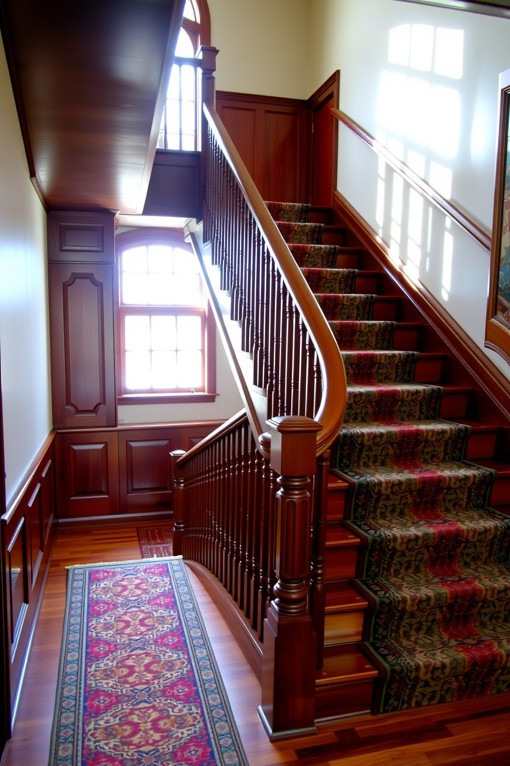 A stunning wooden staircase features a rich mahogany finish with intricate balusters and a smooth handrail. A vibrant patterned carpet runner runs down the center, adding warmth and texture to the space. The staircase is illuminated by natural light streaming through a nearby window, highlighting the grain of the wood. Decorative wall panels flank the staircase, enhancing the overall elegance of the design.