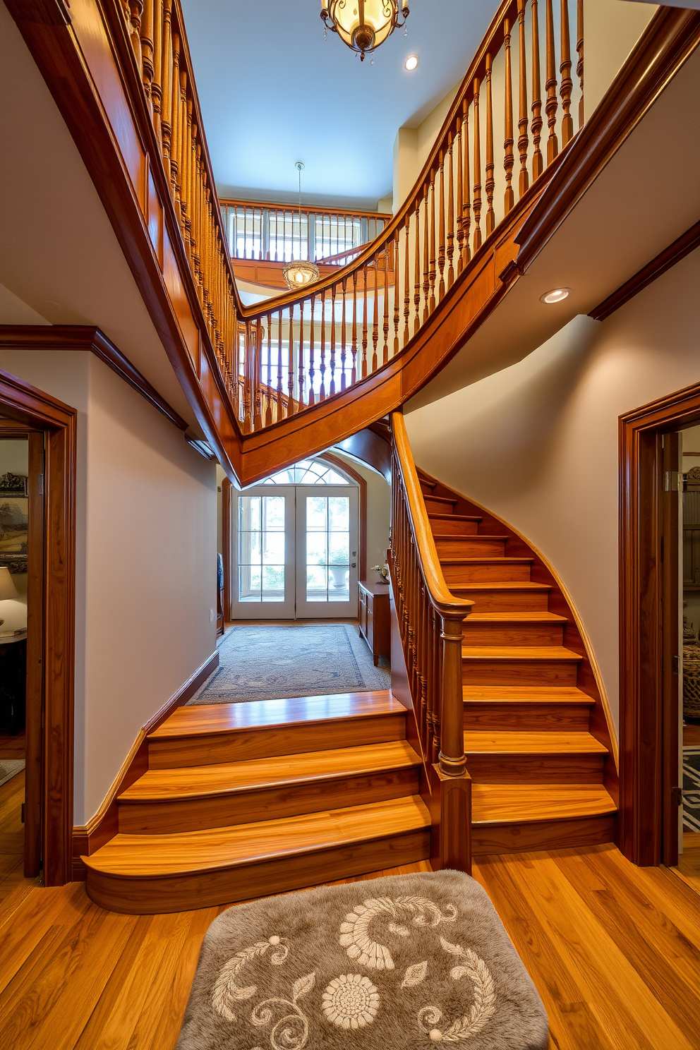 A stunning curved wooden staircase gracefully ascends, featuring an elegant banister that showcases intricate craftsmanship. The warm tones of the wood complement the surrounding decor, creating a welcoming focal point in the entryway. The staircase is adorned with soft, ambient lighting that highlights its curves and enhances the overall elegance of the space. Below, a plush runner rug adds a touch of comfort and sophistication, inviting guests to explore further.