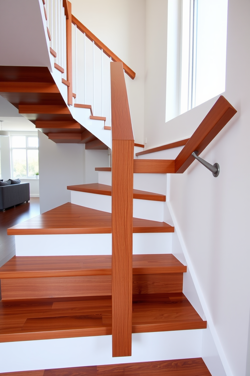 A stunning two-tone staircase design featuring a combination of rich wooden steps and sleek white risers. The handrail is crafted from the same wood, adding warmth and elegance to the overall look. Natural light floods the space through a large window, highlighting the beautiful grain of the wood. The staircase is complemented by a minimalist backdrop, enhancing its modern aesthetic.