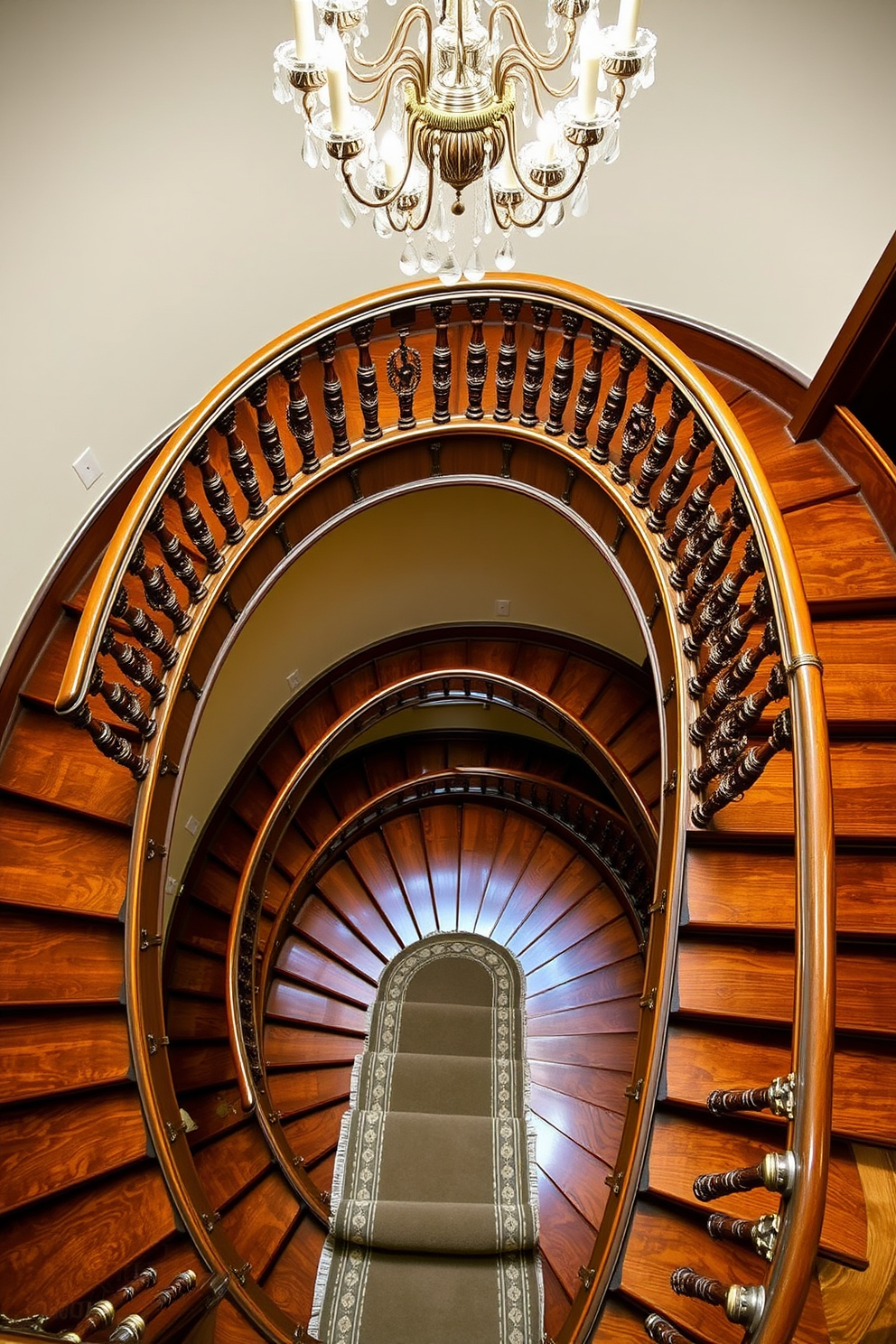 A stunning spiral staircase with intricate woodwork spirals gracefully upwards. The balustrades feature detailed carvings, and the rich wood grain adds warmth to the elegant design. The staircase is illuminated by a large chandelier overhead, casting a soft glow on the polished wooden steps. A plush runner in a complementary color runs down the center, enhancing both comfort and style.