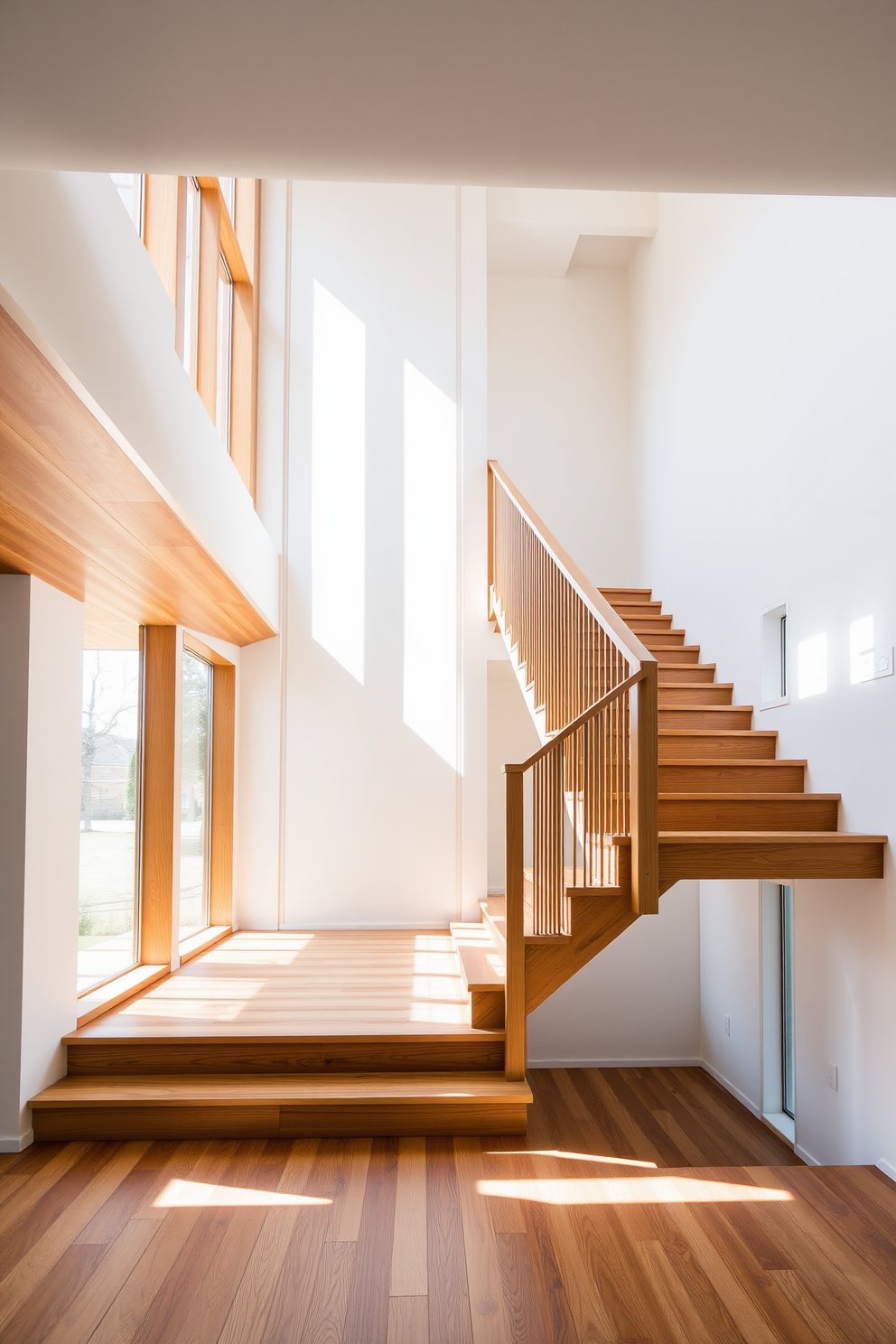 Open riser staircase design featuring a sleek wooden structure that enhances the airy feel of the space. The staircase is illuminated by natural light streaming through large windows, creating an inviting atmosphere. The steps are crafted from rich hardwood, showcasing their natural grain and warmth. A minimalist railing complements the design, ensuring safety while maintaining an unobtrusive aesthetic.