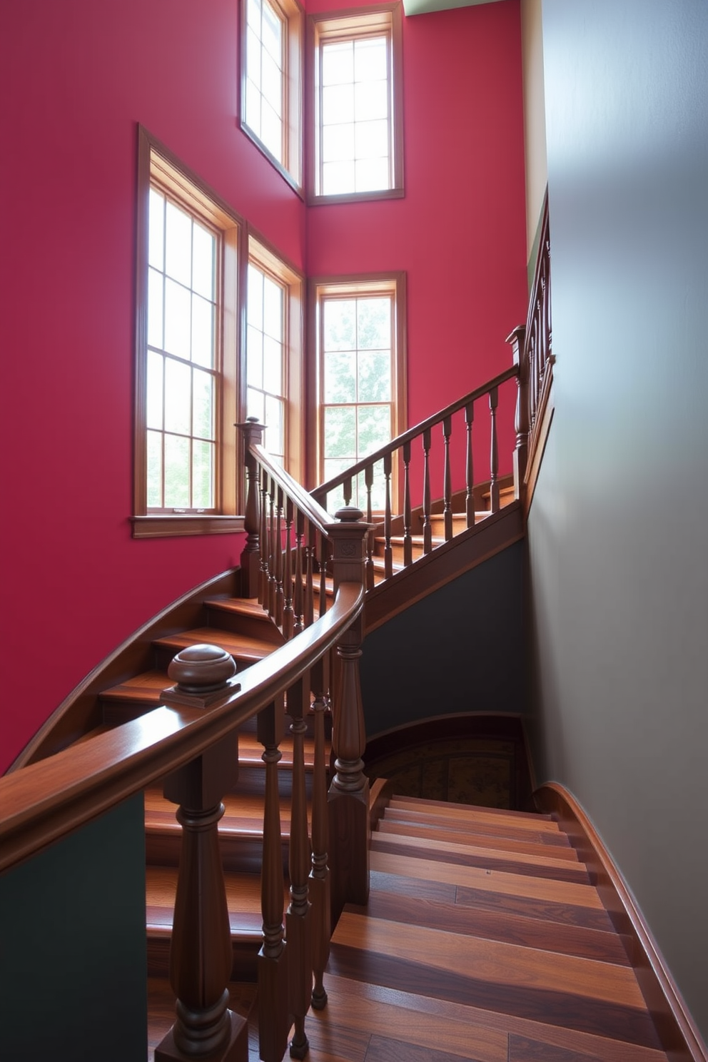 A stunning stained wood staircase showcases a rich blend of deep mahogany and vibrant accents. The bold colors of the surrounding walls create a striking contrast, enhancing the staircase's natural beauty. The staircase features intricate balusters and a smooth handrail that complements the wood grain. Large windows allow natural light to illuminate the space, highlighting the craftsmanship of the wooden steps.