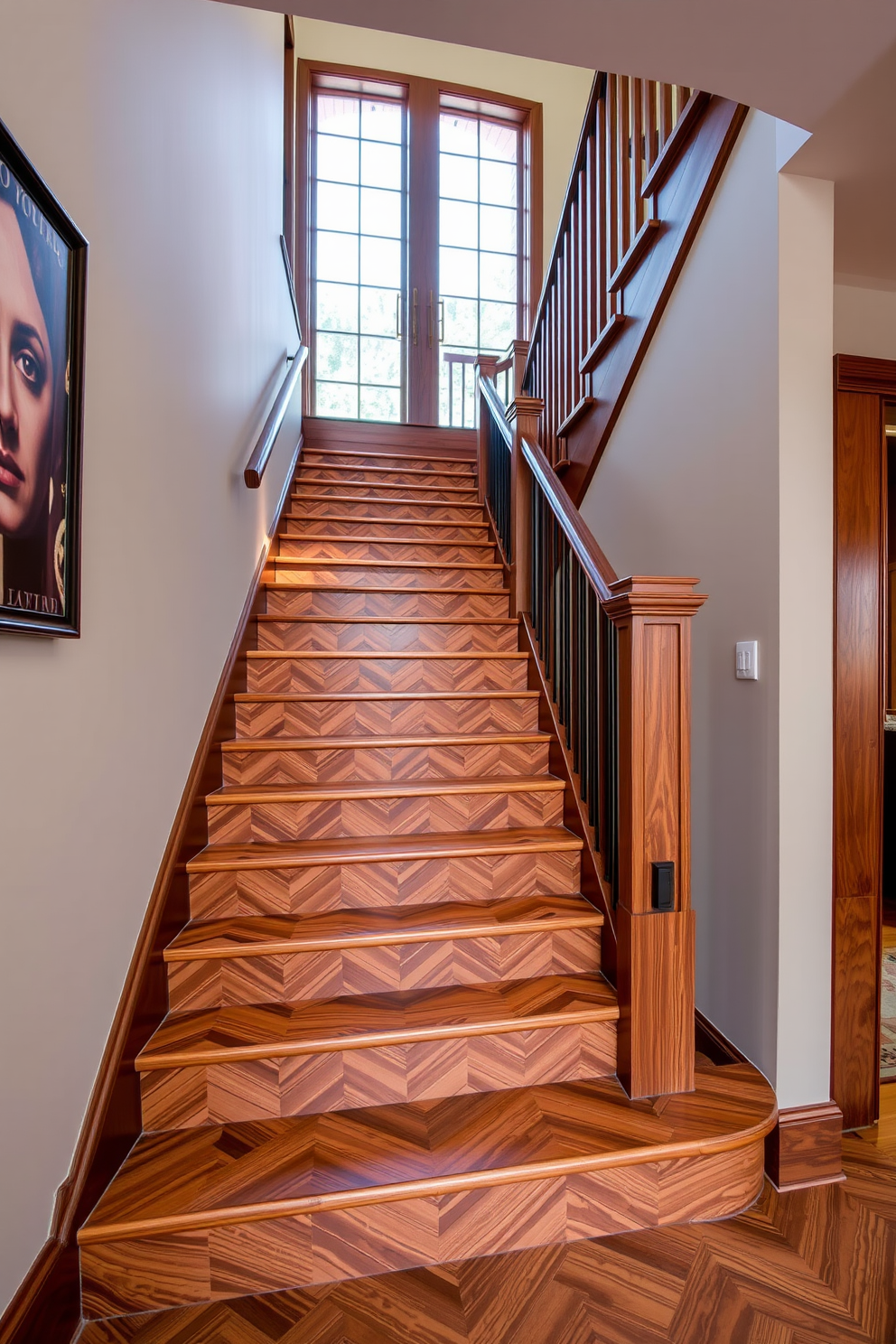 A stunning wooden staircase with chevron patterned treads creates a striking focal point in the entryway. The rich tones of the wood contrast beautifully with the light-colored walls, enhancing the overall elegance of the space. The staircase features a sleek handrail that complements the modern design aesthetic. Soft lighting cascades down the stairs, highlighting the intricate patterns and inviting warmth into the home.