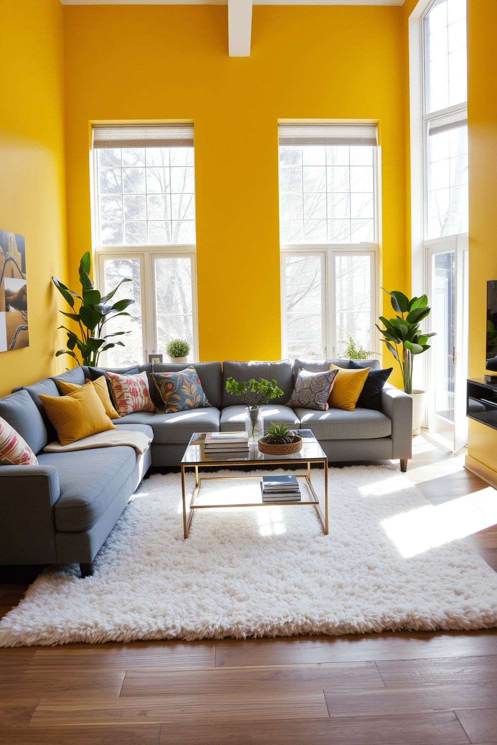 Bright yellow accent wall in the living room creates a vibrant focal point. The space features a comfortable grey sofa adorned with colorful throw pillows and a stylish coffee table in the center. Large windows allow natural light to flood the room, enhancing the cheerful atmosphere. A plush area rug in soft white complements the yellow wall, while indoor plants add a touch of greenery.