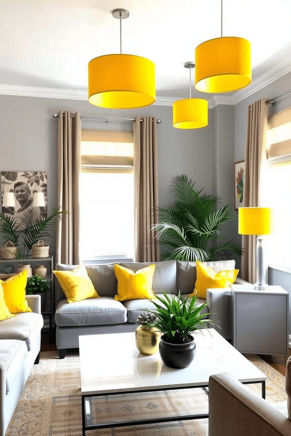 A bright and cheerful living room featuring sunny yellow lampshades that create a warm and inviting atmosphere. The walls are painted in a soft gray, complementing the vibrant yellow accents throughout the space. A cozy seating area includes a plush gray sofa adorned with yellow throw pillows. A stylish coffee table sits in the center, surrounded by a few potted plants that add a touch of greenery to the design.