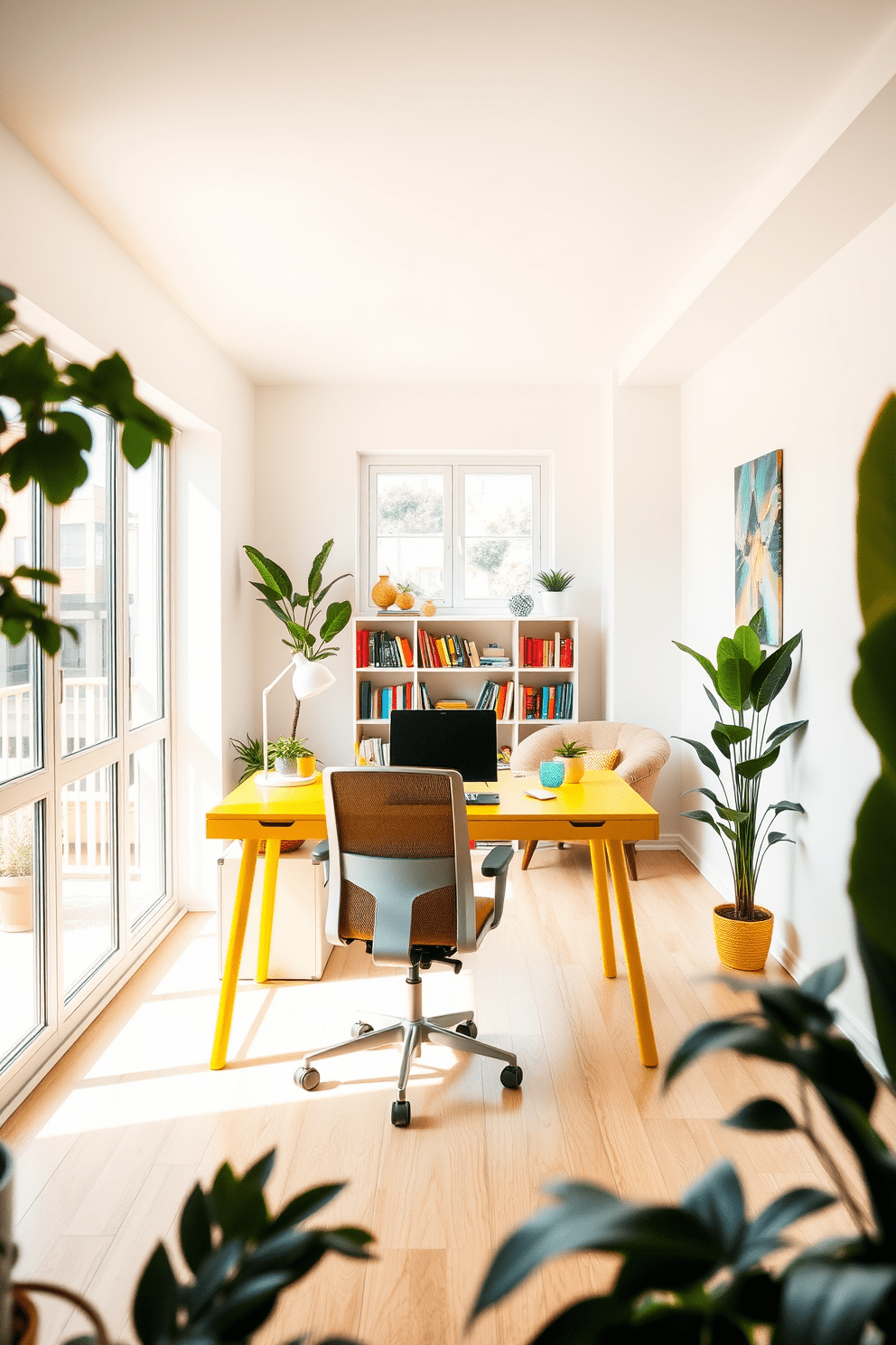 A bright yellow desk sits in the center of a modern home office, surrounded by white walls and large windows that allow natural light to flood the space. The desk is paired with a sleek ergonomic chair, and colorful accessories add a lively touch to the minimalist decor. In the background, a cozy reading nook features a plush armchair and a small bookshelf filled with vibrant books. Potted plants in the corners bring a fresh and inviting atmosphere to the yellow apartment design.