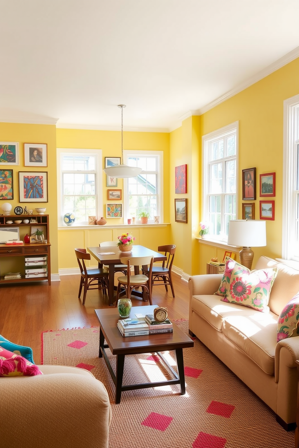 A bright and inviting living space featuring pale yellow walls adorned with a mix of colorful artwork and decor pieces. The furniture includes a cozy sofa with vibrant throw pillows and a stylish coffee table that complements the cheerful atmosphere. In the dining area, a wooden table surrounded by mismatched chairs adds character to the room. Large windows allow natural light to flood in, enhancing the warm tones of the yellow walls and creating a welcoming ambiance.