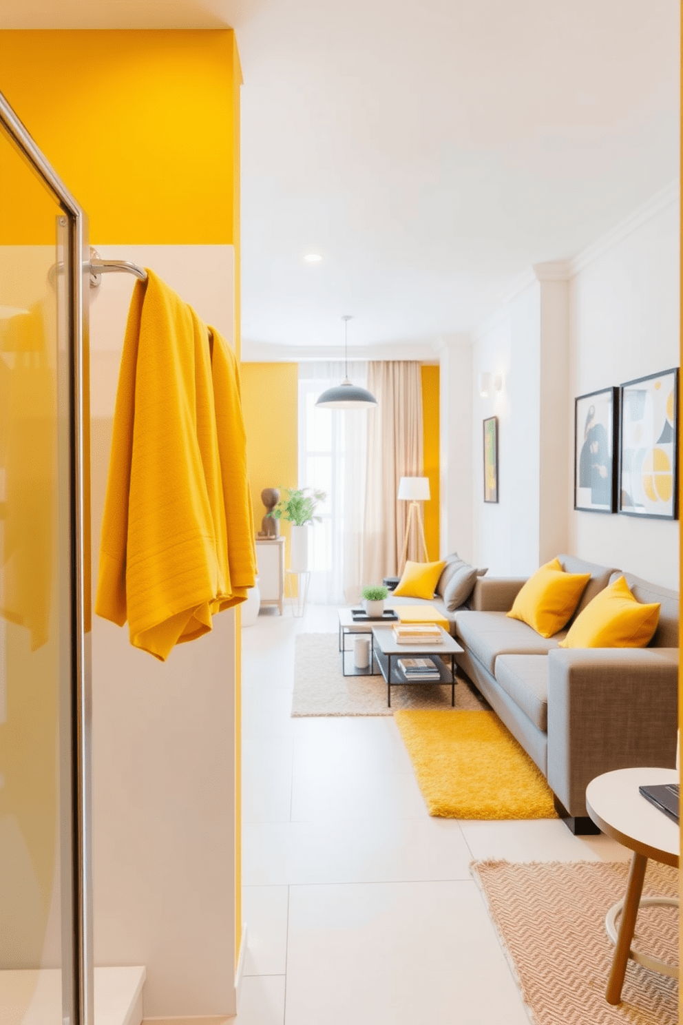 A cheerful bathroom setting adorned with bright yellow bath towels hanging neatly on a chrome rack. The walls are painted in a soft, warm white, creating a light and airy atmosphere. An inviting yellow-themed apartment design featuring a spacious living area with a vibrant yellow accent wall. The room is furnished with a plush gray sofa and yellow throw pillows, complemented by a stylish coffee table and a cozy area rug.