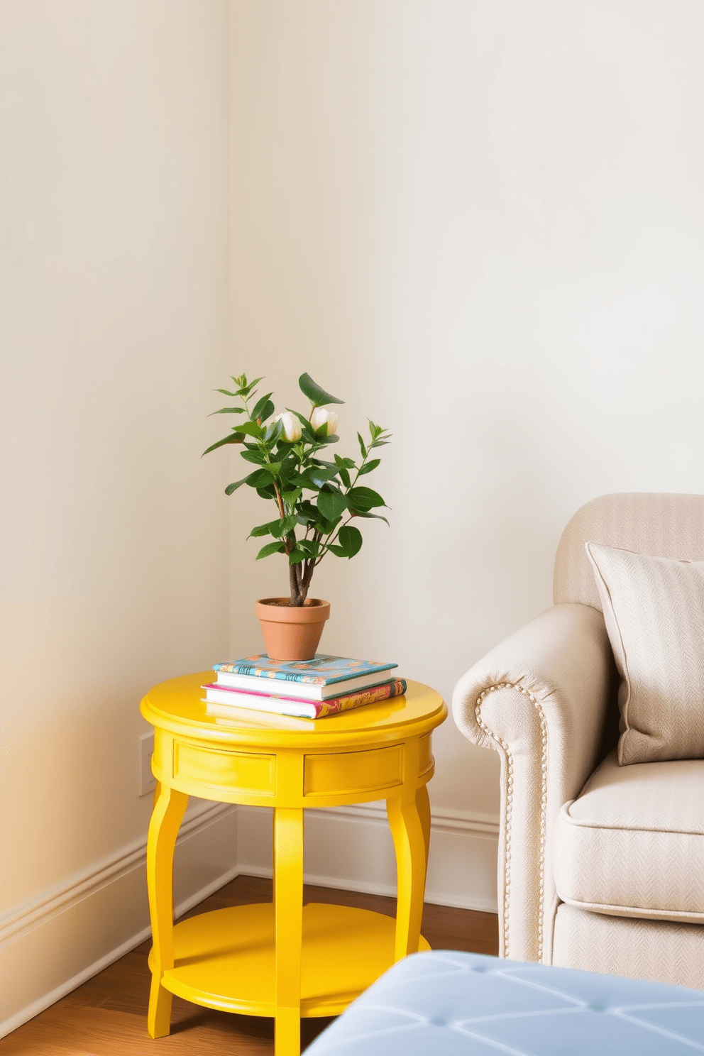 A vintage yellow side table is positioned in the corner of a cozy living room. The table is adorned with a small potted plant and a stack of colorful books, adding a cheerful touch to the space. The walls are painted in a soft pastel hue, complementing the vibrant yellow of the table. A stylish armchair upholstered in a neutral fabric sits nearby, creating a welcoming atmosphere for relaxation.