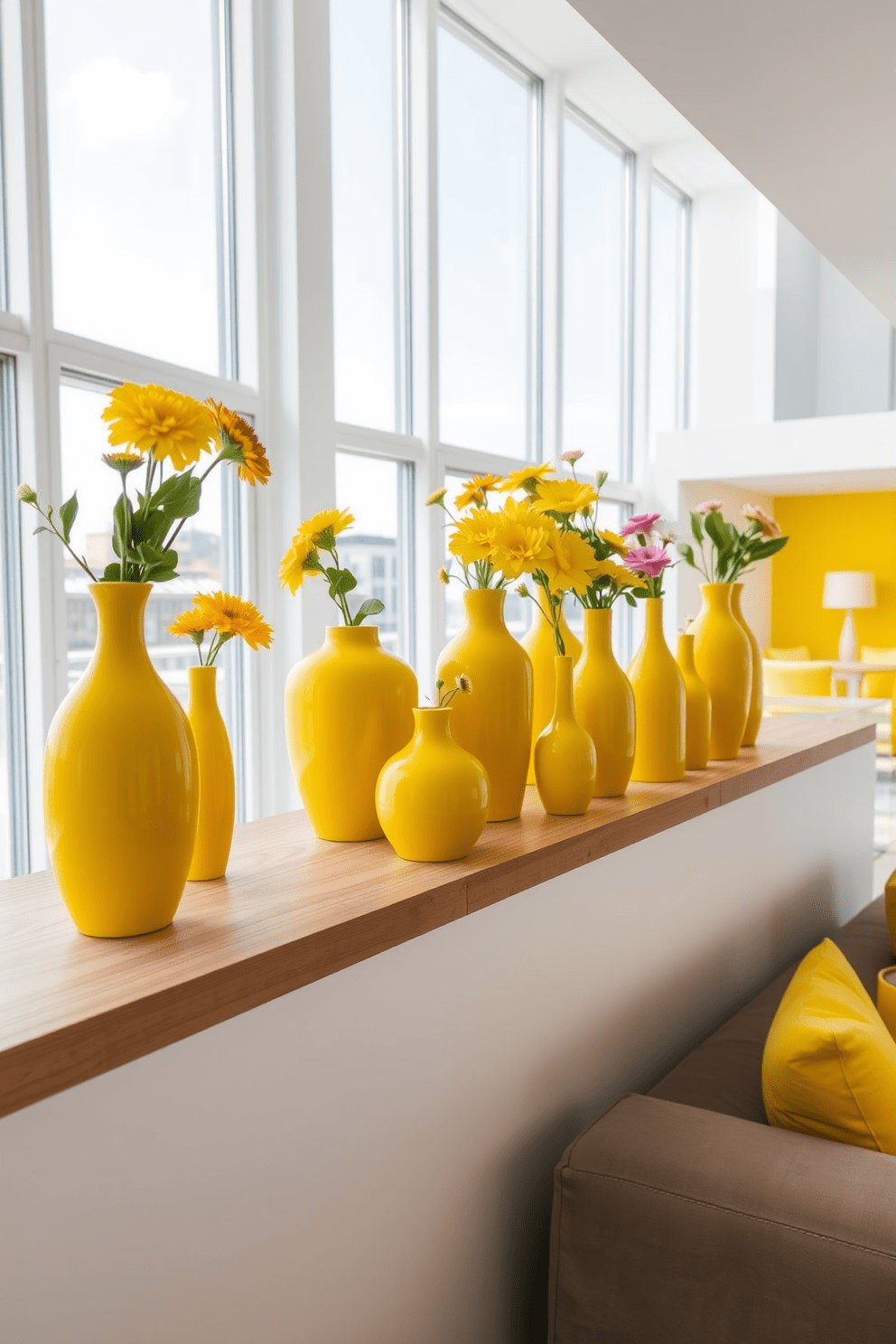 A collection of yellow ceramic vases in various shapes and sizes is arranged on a sleek wooden shelf. The vases are filled with fresh flowers, adding a vibrant touch to the minimalist decor. The apartment features an open concept layout with bright yellow accents throughout. Large windows allow natural light to flood the space, highlighting the modern furniture and cheerful atmosphere.