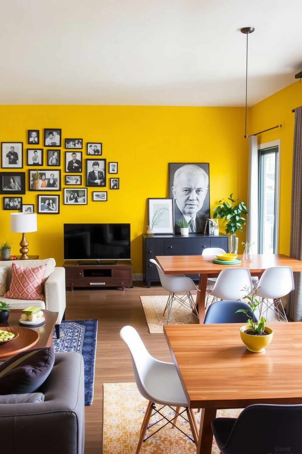 A vibrant yellow accent wall serves as the focal point of the living room, adorned with a curated collection of framed photos showcasing cherished memories. The space is filled with modern furnishings that complement the cheerful hue, creating an inviting atmosphere. In the adjacent dining area, a sleek wooden table is surrounded by stylish chairs, echoing the warmth of the yellow wall. Decorative elements such as potted plants and colorful tableware enhance the cheerful vibe, making it a perfect spot for gatherings.