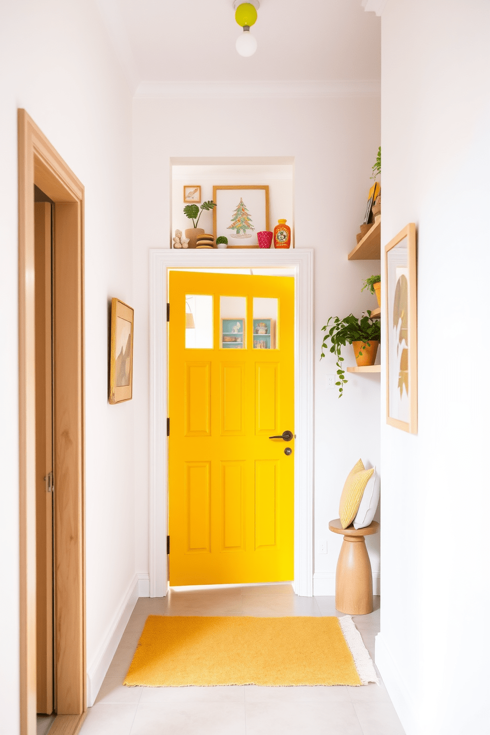 A bright yellow door stands as a welcoming focal point in the entryway, inviting guests into the vibrant space. The surrounding walls are painted in soft white, enhancing the cheerful ambiance and creating a fresh contrast with the door. Inside the apartment, open shelving displays colorful decor and plants, adding personality to the bright yellow theme. The living area features a cozy seating arrangement with cushions that complement the door's hue, creating a harmonious and inviting atmosphere.