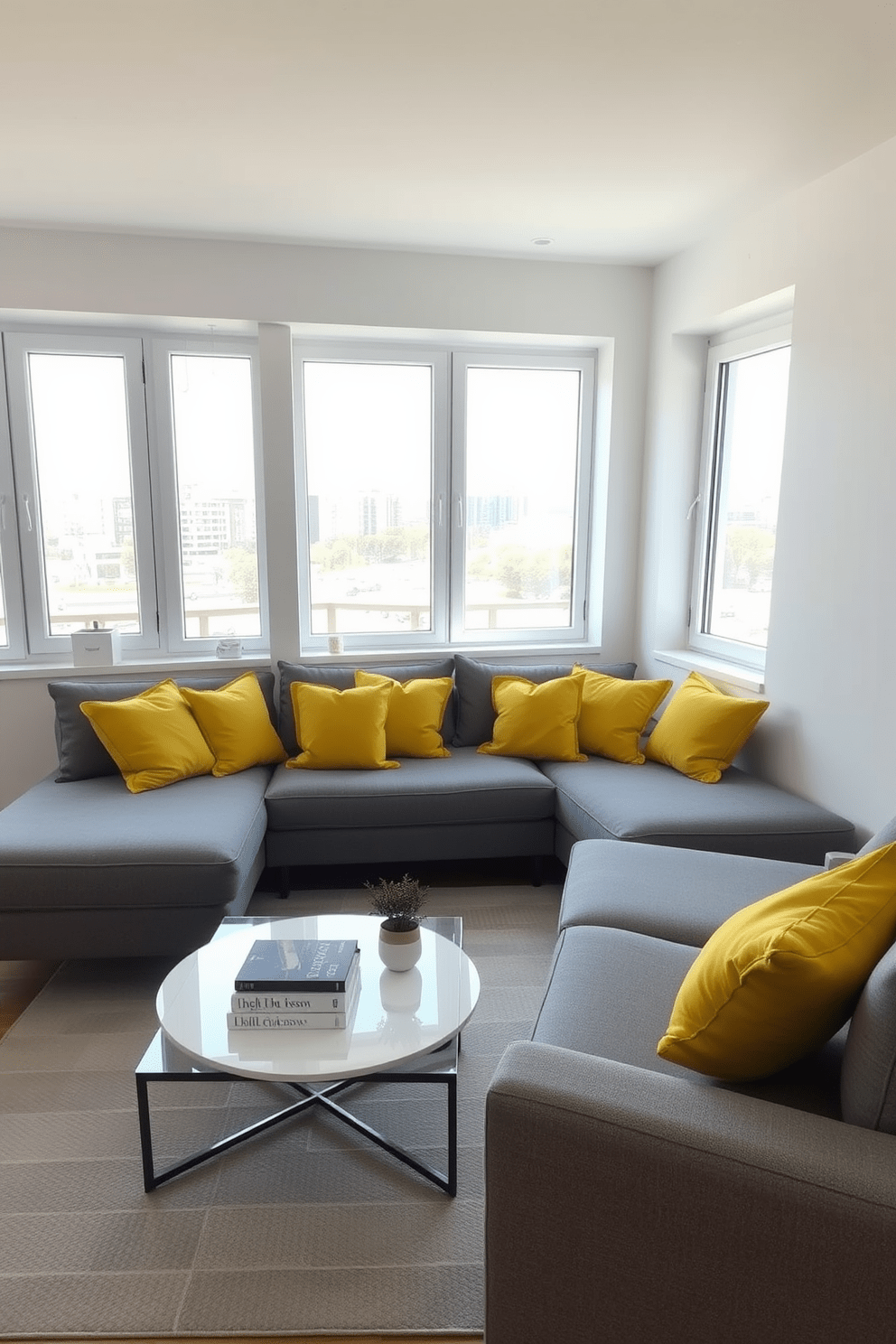 A bright and inviting living space features a gray sofa adorned with sunshine yellow cushions that add a pop of color. The walls are painted in a soft white, creating a fresh and airy atmosphere that complements the vibrant cushions. In the corner, a stylish coffee table holds a few decorative books and a small potted plant. Large windows allow natural light to flood the room, enhancing the cheerful ambiance of this modern apartment design.