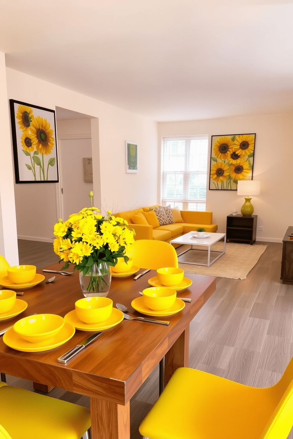 A vibrant dining room featuring yellow tableware set on a polished wooden table. The table is adorned with a cheerful floral centerpiece, and the walls are painted in a soft cream color to enhance the brightness of the yellow accents. A stylish apartment designed with yellow accents throughout the space. The living area includes a cozy yellow sofa paired with a modern coffee table, while artwork featuring sunflowers adds a lively touch to the decor.