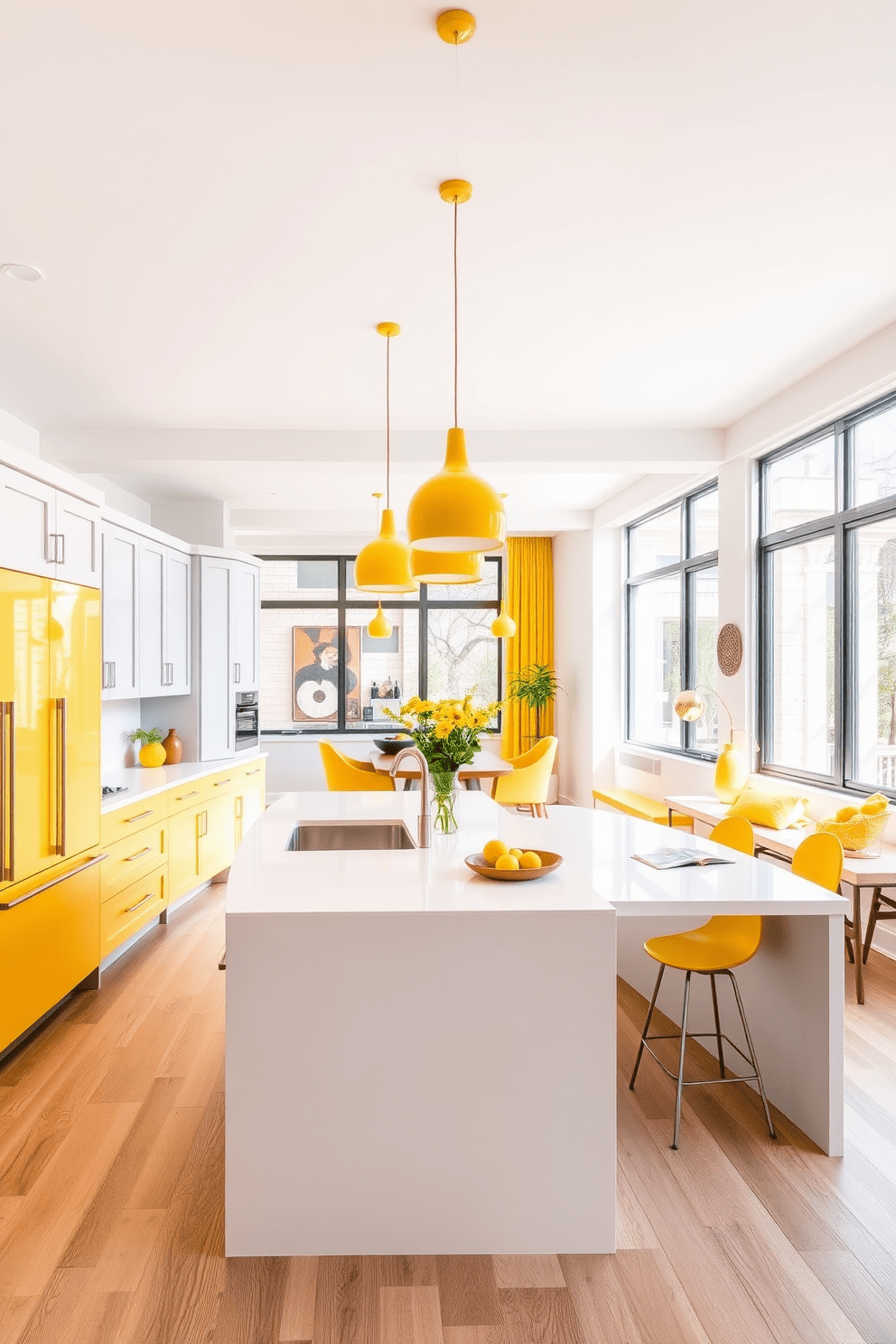 A bright and airy kitchen featuring a large island with a sleek white countertop. Above the island, yellow pendant lights hang elegantly, adding a pop of color and warmth to the space. The kitchen cabinets are a soft gray, complementing the cheerful yellow accents throughout the room. Large windows allow natural light to flood in, enhancing the inviting atmosphere of the yellow apartment design.