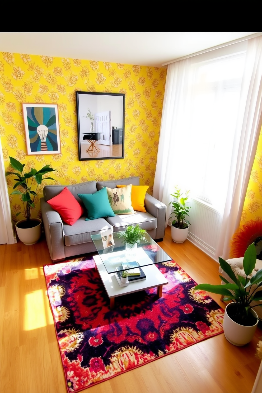 A cozy living room featuring bold yellow wallpaper that brightens the small space. The room includes a plush gray sofa adorned with colorful throw pillows and a sleek glass coffee table at the center. Natural light floods in through a large window dressed with sheer white curtains. A vibrant area rug anchors the seating area, complemented by a few potted plants for a touch of greenery.