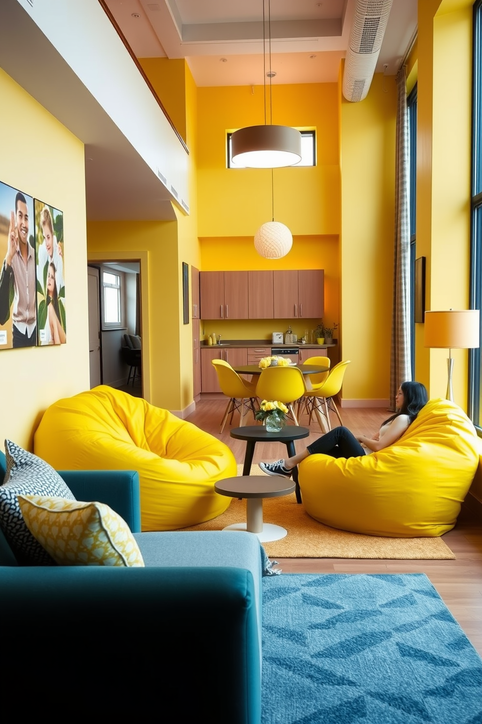 A cozy casual area featuring bright yellow bean bag chairs that invite relaxation and comfort. The space is designed with playful accents and soft textures, creating an inviting atmosphere for social gatherings. A modern yellow apartment design that incorporates cheerful elements and open spaces. The layout emphasizes natural light, with large windows and light-colored walls that complement the vibrant yellow accents throughout the home.