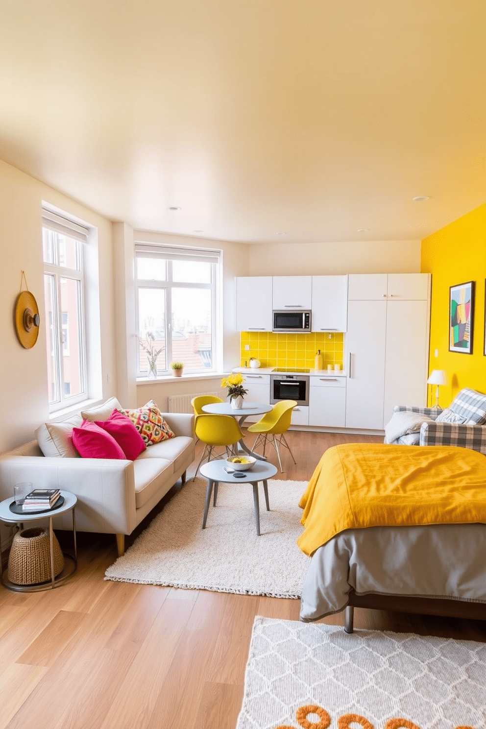 A bright and cheerful apartment featuring a sunny yellow ceiling that creates a playful atmosphere. The walls are painted in soft white, complemented by vibrant yellow accents in the decor and furnishings. The living area includes a cozy sofa adorned with colorful cushions and a stylish coffee table. Large windows allow natural light to flood the space, enhancing the lively ambiance. In the kitchen, sleek white cabinets contrast beautifully with yellow backsplash tiles. A cheerful dining nook with a round table and yellow chairs invites family gatherings and casual meals. The bedroom showcases a sunny yellow accent wall paired with soft gray bedding. A playful area rug adds texture and warmth, while artwork featuring bright colors brings energy to the space.