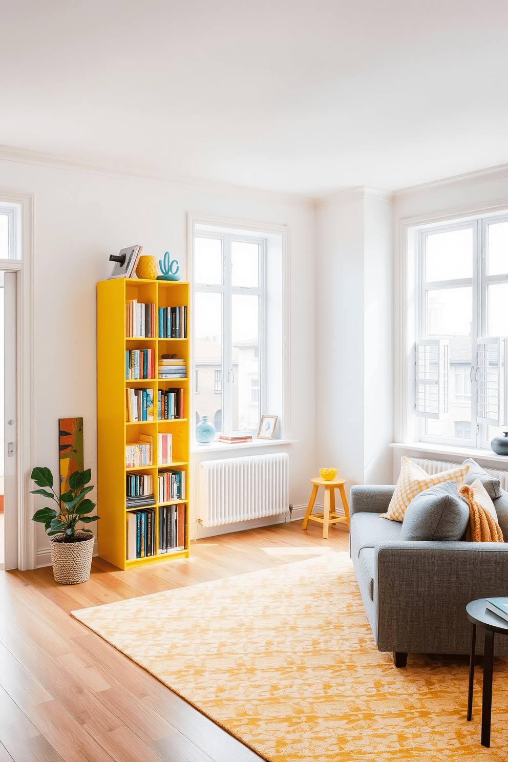 A vibrant yellow bookshelf occupies a corner of the room, filled with an array of colorful books and decorative items. The surrounding walls are painted in soft white, creating a bright and airy atmosphere that enhances the cheerful vibe of the yellow accents. The apartment features a cozy living area with a plush gray sofa and a patterned area rug that complements the yellow bookshelves. Large windows allow natural light to flood the space, highlighting the playful yet sophisticated design elements throughout the apartment.