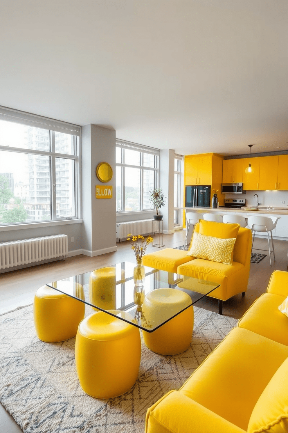 A vibrant living space featuring yellow garden stools arranged around a sleek glass coffee table. The walls are painted in a soft gray, complementing the bright yellow accents throughout the room. An inviting apartment layout showcasing yellow decor elements, with a cozy seating area that includes plush yellow cushions. Large windows allow natural light to flood the space, enhancing the cheerful atmosphere.