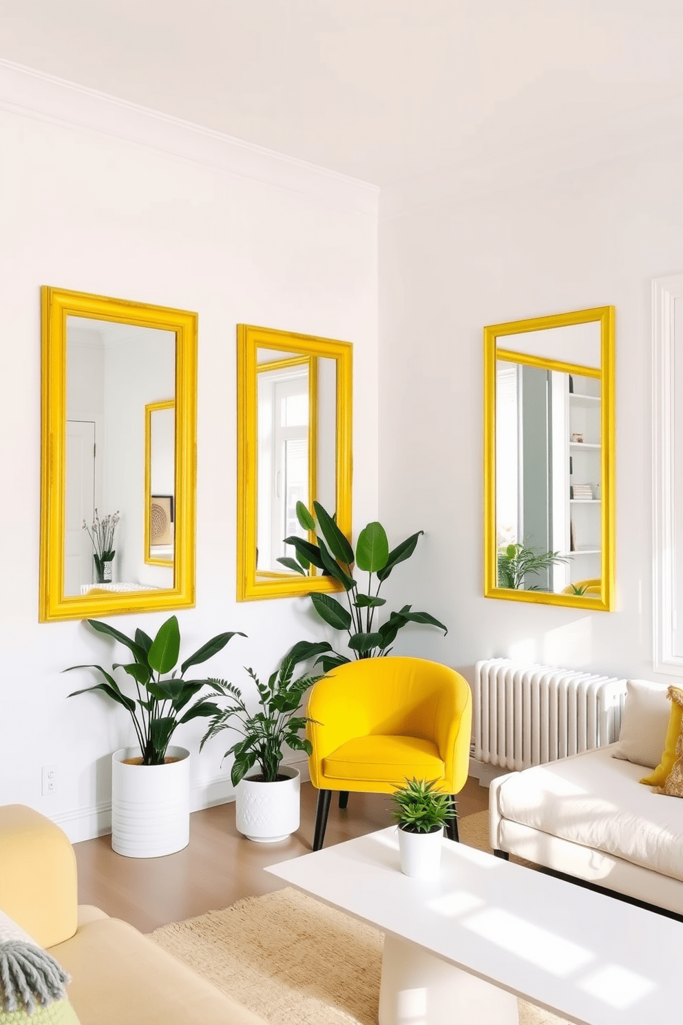 A bright and airy apartment featuring yellow framed mirrors that enhance the natural light. The walls are painted in soft white, creating a fresh backdrop for vibrant decor elements. The living area showcases a cozy seating arrangement with a yellow accent chair and a sleek coffee table. Potted plants add a touch of greenery, complementing the cheerful atmosphere of the space.