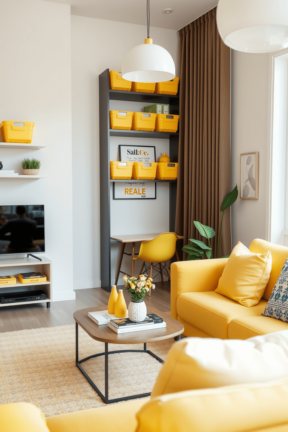 A bright and cheerful living area featuring yellow storage bins strategically placed throughout the room. The bins are neatly organized on shelves, adding a pop of color and functionality to the space. An inviting yellow-themed apartment design that combines modern aesthetics with cozy elements. Soft yellow accents are integrated into the furniture and decor, creating a warm and welcoming atmosphere.