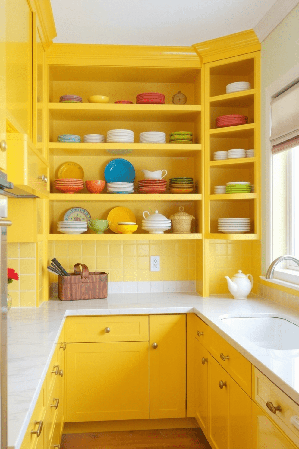 A cheerful kitchen with vibrant yellow cabinets and open shelves creating a bright and inviting atmosphere. The countertops are white with subtle gray veining, and colorful dishware is displayed on the shelves, adding a playful touch to the space.