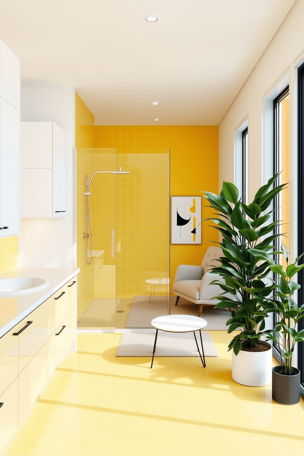 A bright and airy bathroom featuring accent yellow tiles that create a cheerful atmosphere. The walls are adorned with white cabinetry, and a sleek glass shower enclosure complements the vibrant tile. A modern apartment design that incorporates yellow accents throughout the space. The living area features a yellow accent wall, paired with minimalist furniture and lush green plants for a fresh look.