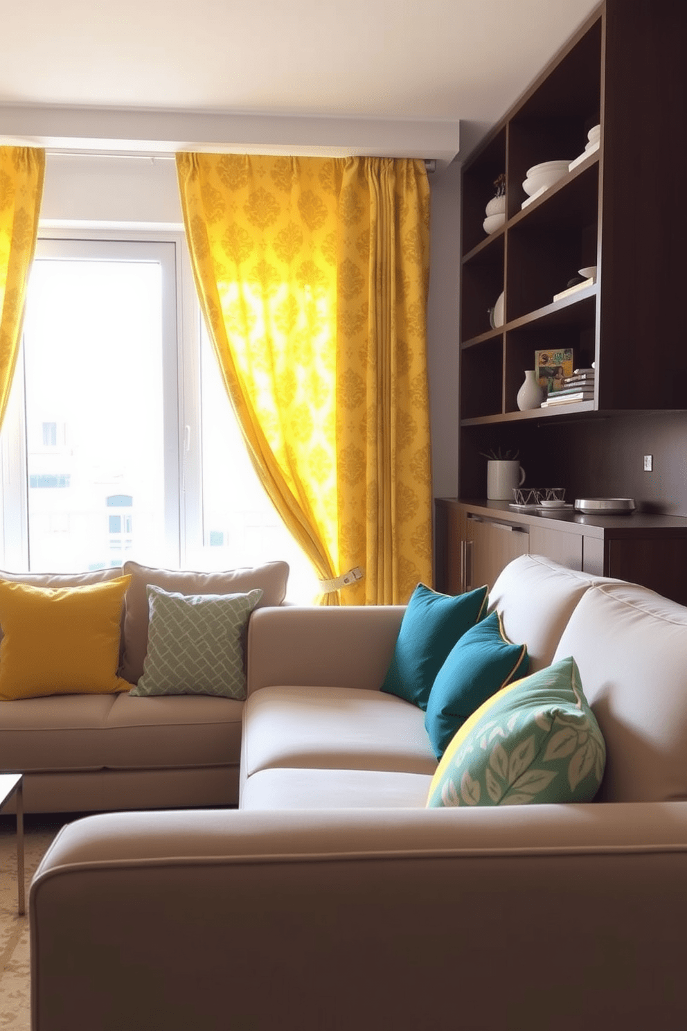 A bright and inviting living space featuring yellow patterned curtains that add a vibrant touch to the room. The curtains frame a large window, allowing natural light to flood in and enhance the cheerful atmosphere. The apartment design incorporates modern furniture with clean lines and a cozy layout. A plush sofa in a neutral tone complements the bold curtains, while decorative cushions in coordinating colors bring the space together.