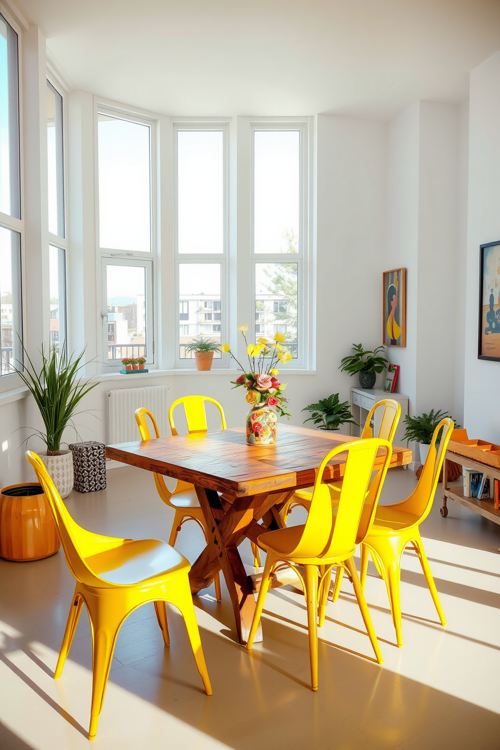 A bright and inviting dining area features yellow dining chairs arranged around a rustic wooden table. Large windows allow natural light to flood the space, highlighting the cheerful color scheme and creating a warm atmosphere. The walls are painted in a soft white hue, providing a clean backdrop that enhances the vibrant yellow accents. Decorative elements like a colorful centerpiece and artwork on the walls add personality and charm to the apartment design.