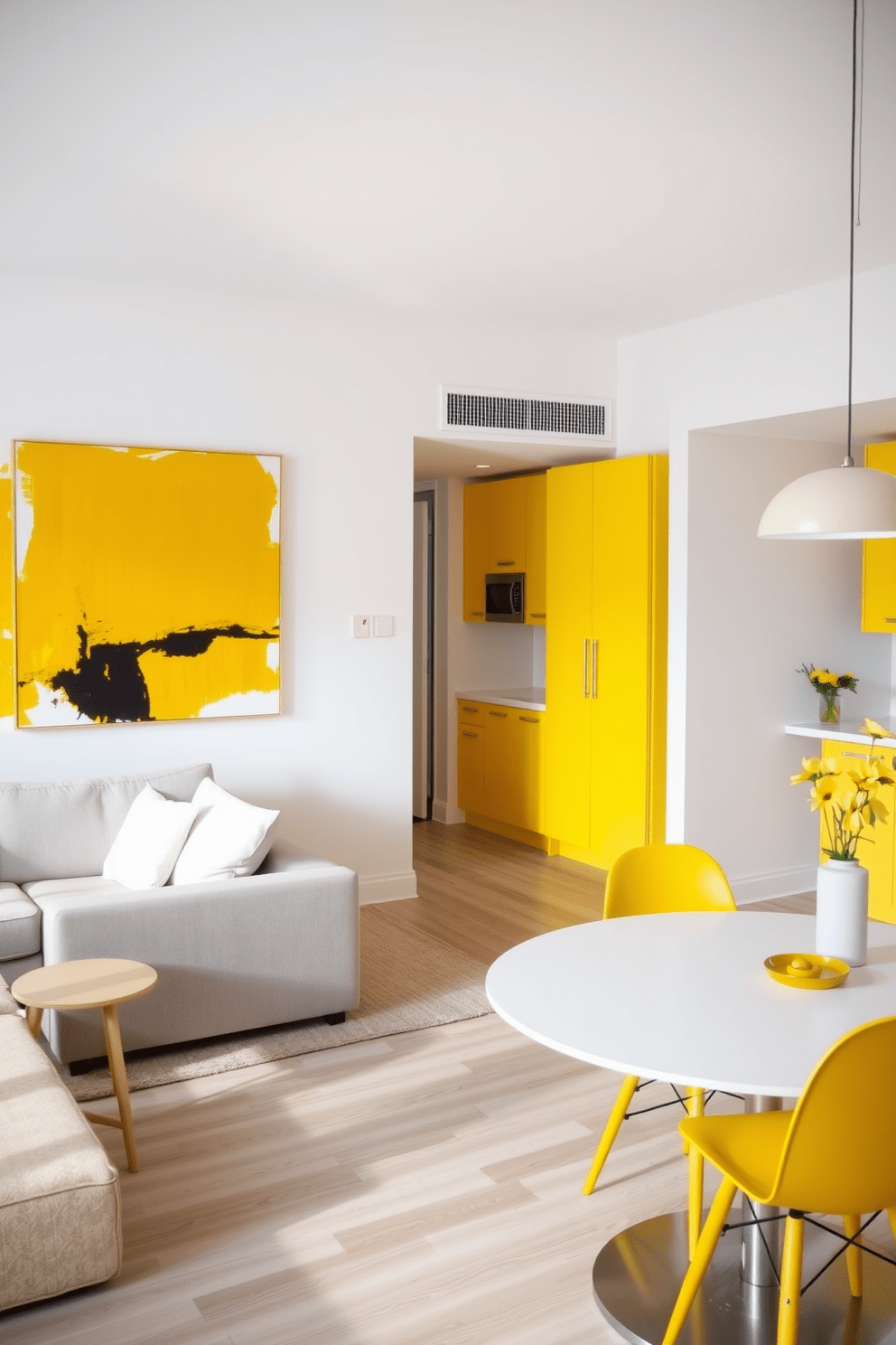 A bright and airy apartment featuring yellow artwork that adds a cheerful touch to the walls. The living area is adorned with a large abstract painting in vibrant yellow hues, complemented by a soft gray sofa and light wood accents. The kitchen showcases yellow cabinetry paired with white countertops, creating a fresh and inviting atmosphere. A cozy dining nook with a round table is accented by yellow chairs, enhancing the overall design with a pop of color.