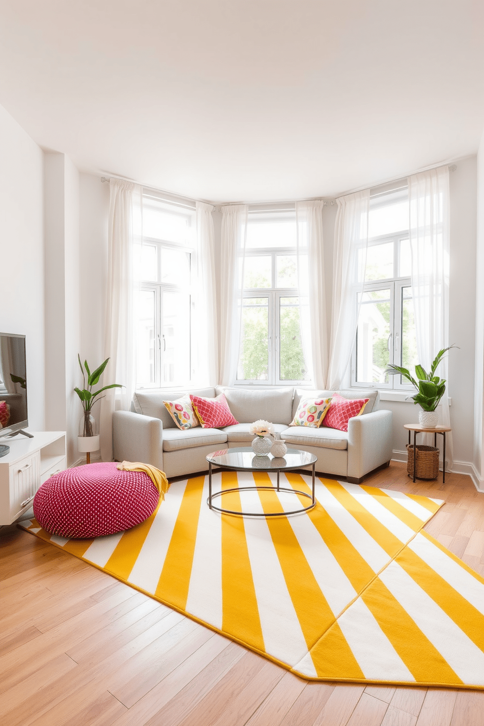 A bright and airy apartment featuring a yellow and white striped area rug that adds a cheerful touch to the living space. The rug is placed under a cozy seating arrangement with a light gray sofa and colorful accent pillows, creating a vibrant focal point. The walls are painted in a soft white, enhancing the natural light that floods the room. Large windows adorned with sheer curtains allow for a seamless connection between the indoor and outdoor spaces.