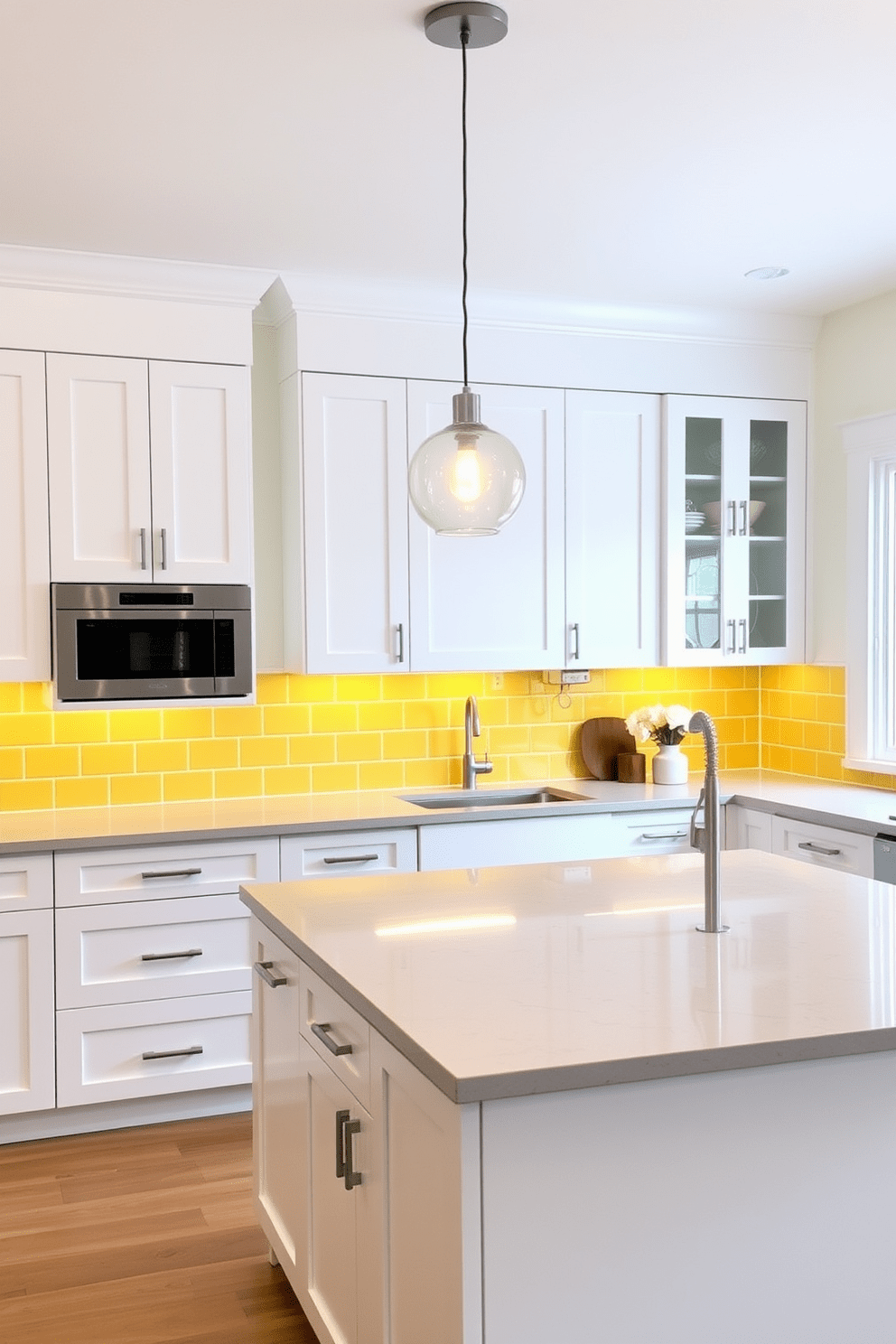 A bright and inviting kitchen with a lemon yellow backsplash that adds a pop of color to the space. The cabinetry is sleek and modern, featuring white finishes that contrast beautifully with the cheerful yellow tiles. The kitchen island is topped with a light gray quartz surface, providing ample space for meal preparation and casual dining. Pendant lights with a minimalist design hang above the island, illuminating the area with warm light.