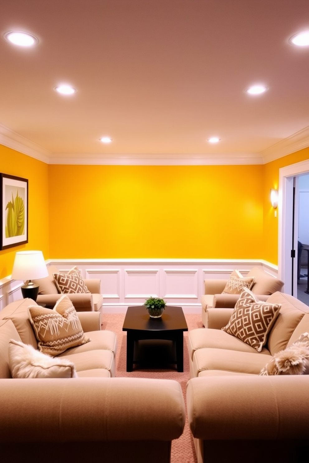 A bright yellow accent wall creates a cheerful focal point in the basement. The white trim adds a crisp contrast, enhancing the overall brightness of the space. Cozy seating arrangements with plush furniture are positioned against the walls. Soft lighting fixtures illuminate the area, creating a warm and inviting atmosphere.