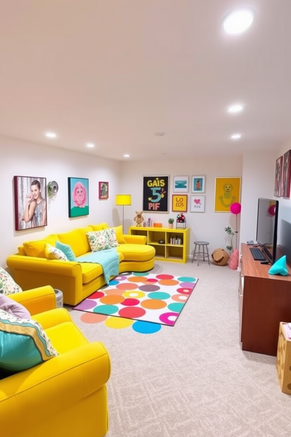 A playful basement setting filled with bright yellow furniture that exudes a fun and cheerful atmosphere. The space features a cozy yellow sectional sofa paired with vibrant accent pillows, creating an inviting area for relaxation and entertainment. The walls are painted in a soft white to enhance the brightness of the yellow furniture. A colorful rug with geometric patterns anchors the seating area, while playful art pieces adorn the walls, adding to the lively ambiance.