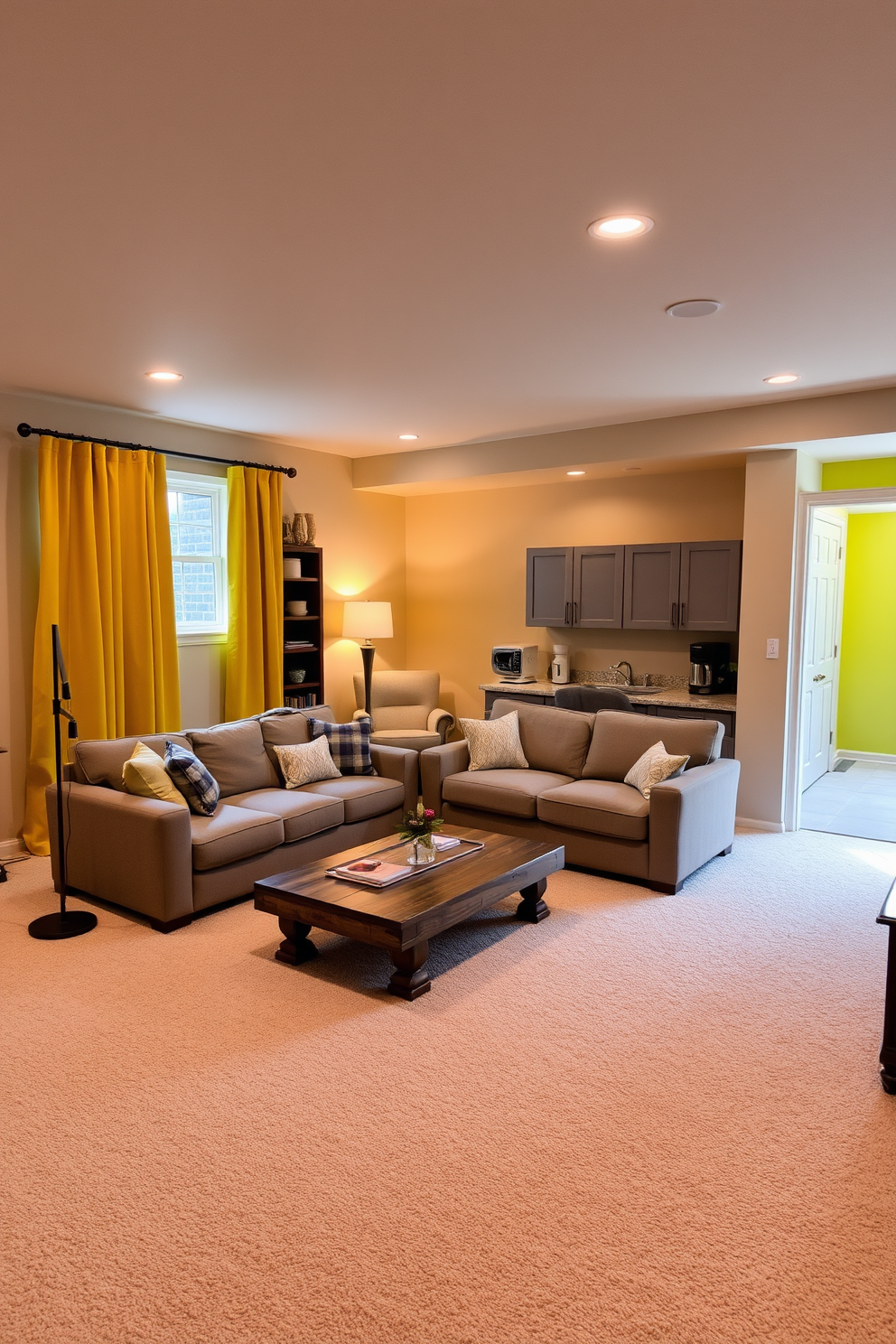 A cozy basement setting designed to feel warm and inviting. The walls are painted in a soft beige, complemented by plush carpeting in a light gray shade. Large yellow curtains frame the windows, allowing natural light to flood the space. A comfortable sectional sofa in a neutral tone is arranged around a rustic wooden coffee table. In one corner, a small reading nook features a plush armchair and a floor lamp with a warm glow. Shelves filled with books and decorative items add personality to the room. The basement also includes a small kitchenette with sleek cabinetry and modern appliances. A bright yellow accent wall creates a cheerful focal point, enhancing the overall ambiance.