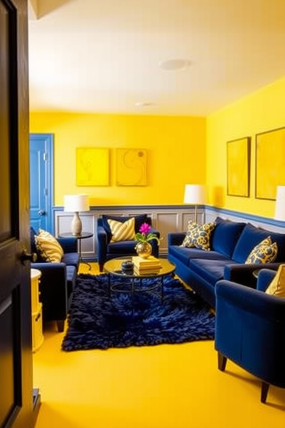 A vibrant basement space that incorporates yellow and navy blue for a striking contrast. The walls are painted a cheerful yellow, while the furniture features deep navy upholstery, creating a dynamic and inviting atmosphere. The floor is adorned with a plush navy rug that complements the yellow accents throughout the room. Bright yellow artwork hangs on the walls, adding playful touches to the overall design.